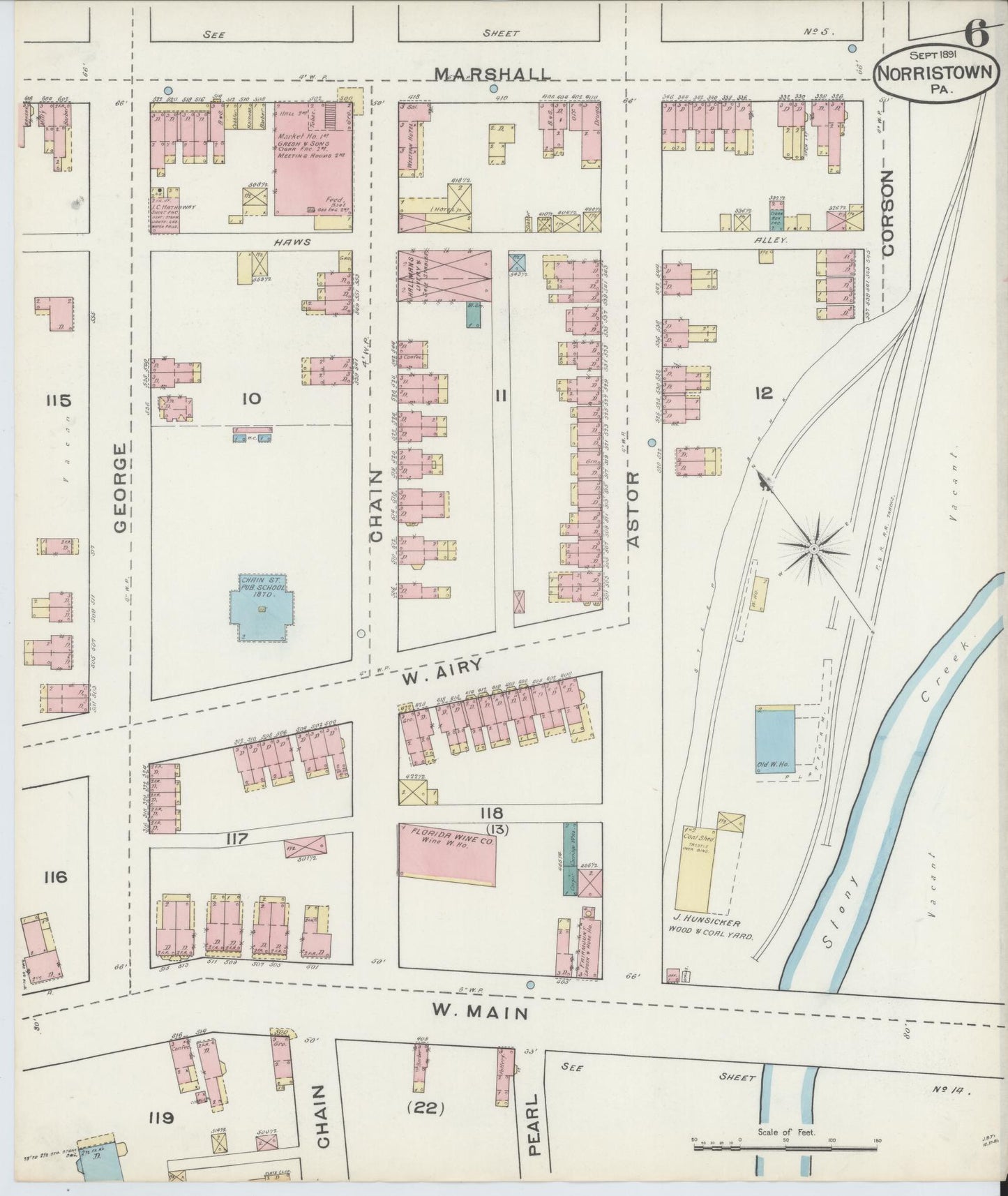 Sanborn Fire Insurance Map from Norristown, Montgomery County, Pennsylvania (1891), Sheet #0006 - Historic Sanborn Fire Insurance Map Print, vintage old map wall art, antique decor, genealogy gift, Pennsylvania Pennsylvania map