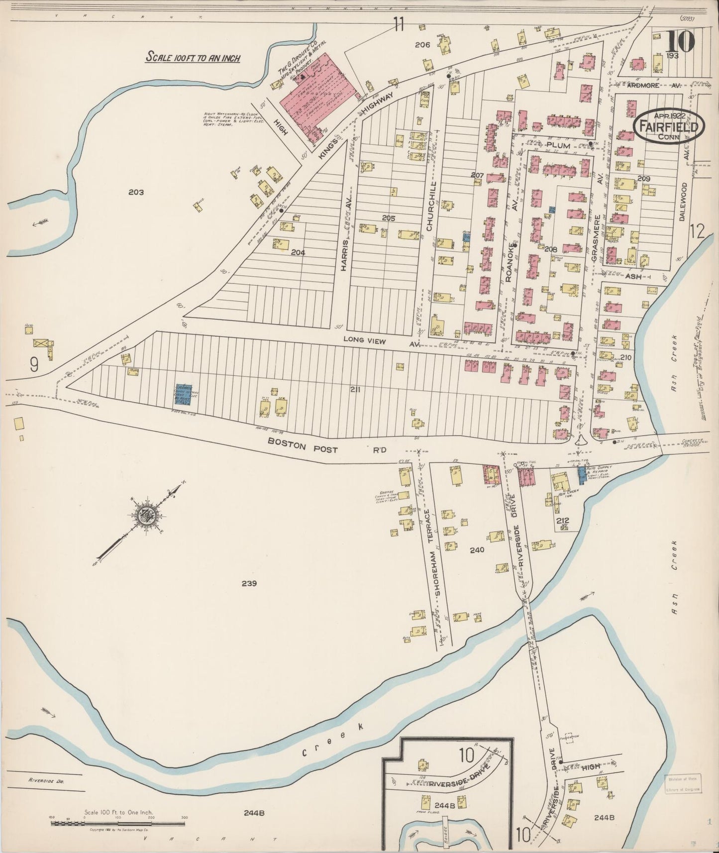 Sanborn Fire Insurance Map from Fairfield, Fairfield County, Connecticut (1922), Sheet #0010 - Historic Sanborn Fire Insurance Map Print, vintage old map wall art, antique decor, genealogy gift, Connecticut Connecticut map