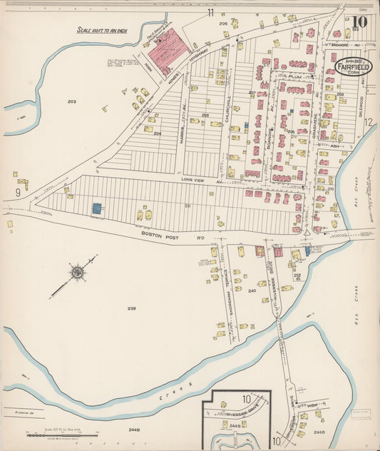 Sanborn Fire Insurance Map from Fairfield, Fairfield County, Connecticut (1922), Sheet #0010 - Historic Sanborn Fire Insurance Map Print, vintage old map wall art, antique decor, genealogy gift, Connecticut Connecticut map