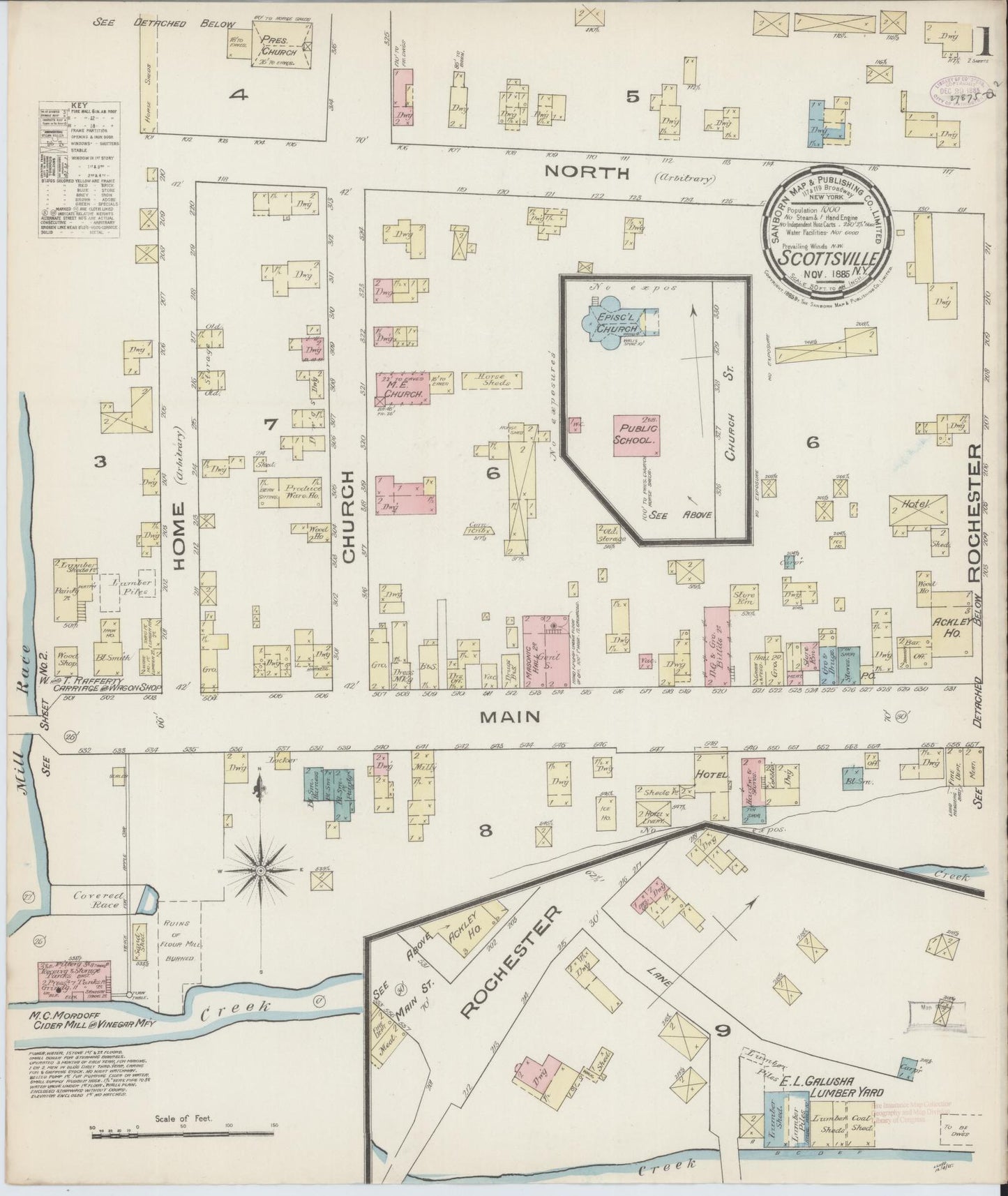 Sanborn Fire Insurance Map from Scottsville, Monroe County, New York (1885), Sheet #0001 - Historic Sanborn Fire Insurance Map Print, vintage old map wall art, antique decor, genealogy gift, New York New York map