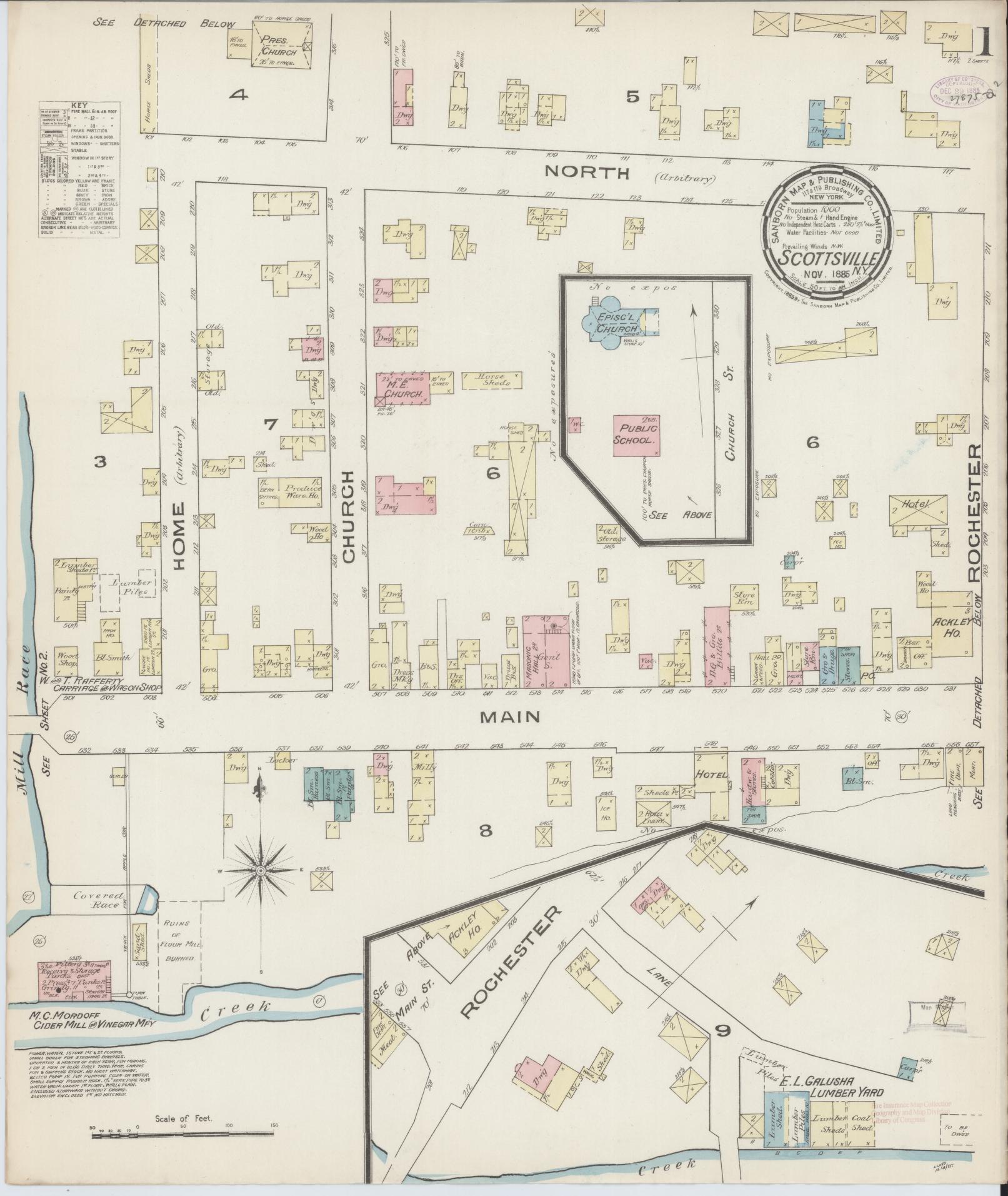 Sanborn Fire Insurance Map from Scottsville, Monroe County, New York (1885), Sheet #0001 - Historic Sanborn Fire Insurance Map Print, vintage old map wall art, antique decor, genealogy gift, New York New York map