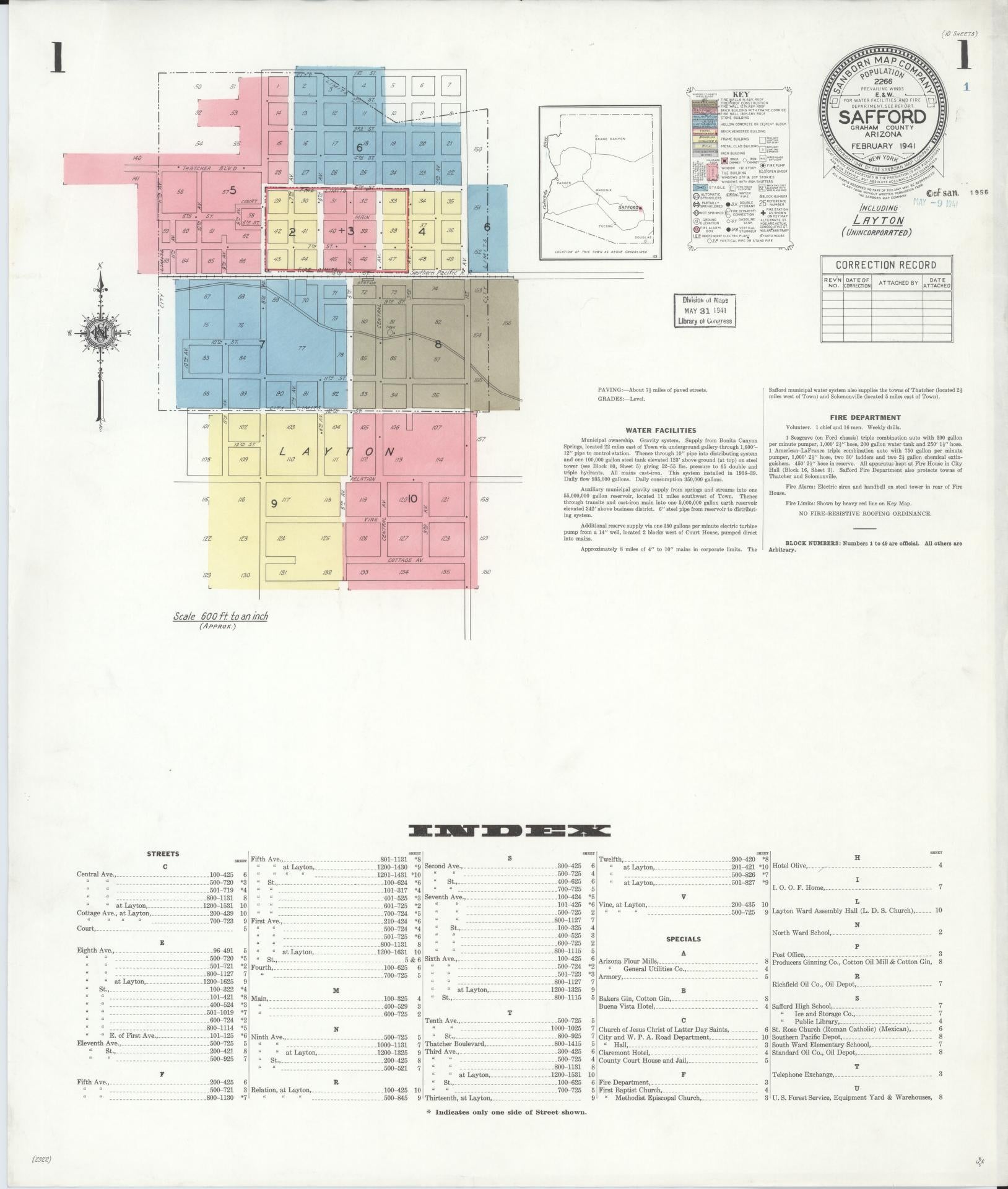 Sanborn Fire Insurance Map from Safford, Graham County, Arizona (1941), Sheet #0001 - Historic Sanborn Fire Insurance Map Print, vintage old map wall art, antique decor, genealogy gift, Arizona Arizona map