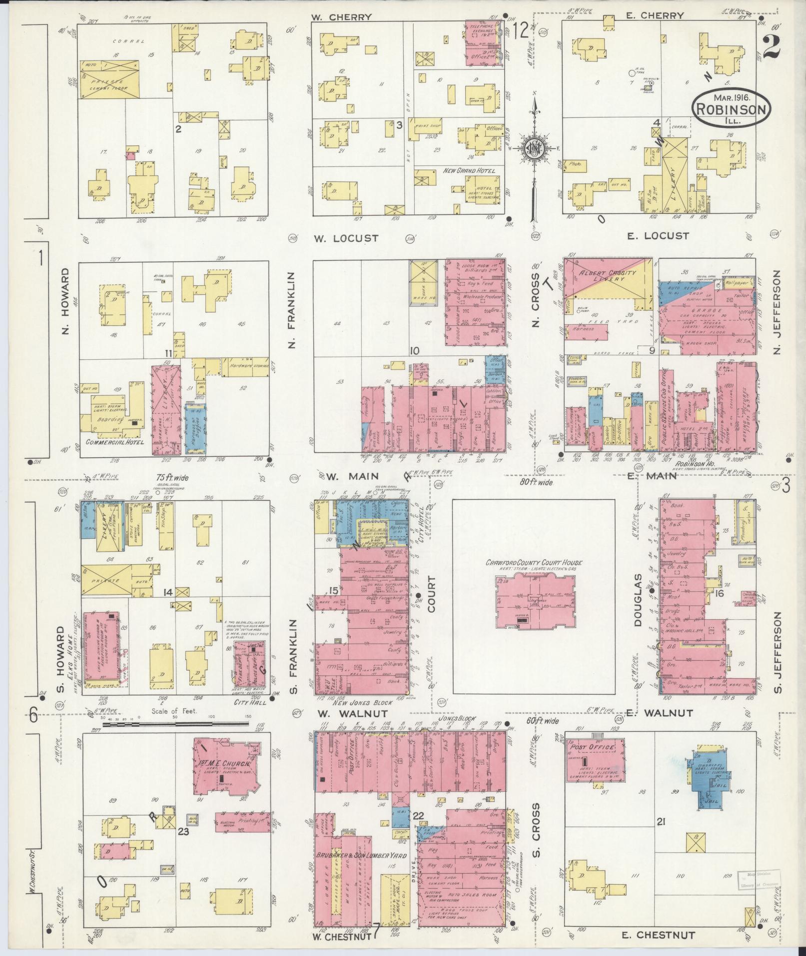 Sanborn Fire Insurance Map from Robinson, Crawford County, Illinois (1916), Sheet #0002 - Complete Map Set gallery image, historic Sanborn map, vintage wall art, Illinois Illinois