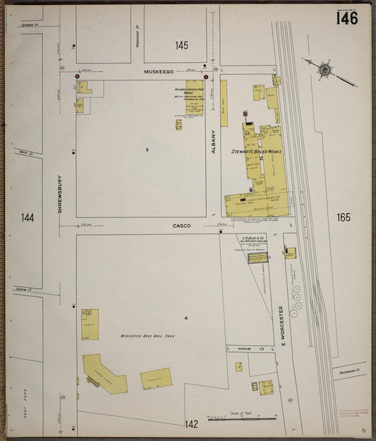 Sanborn Fire Insurance Map from Worcester, Worcester County, Massachusetts (1910), Sheet #0146 - Historic Sanborn Fire Insurance Map Print, vintage old map wall art, antique decor, genealogy gift, Massachusetts Massachusetts map