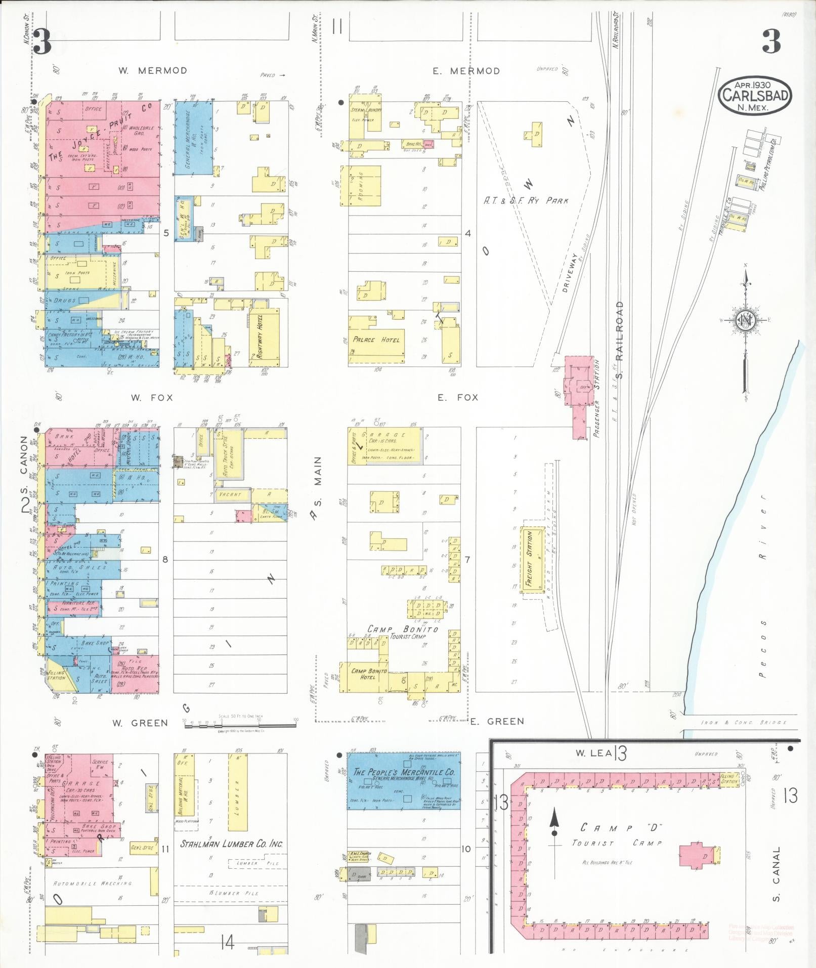 Sanborn Fire Insurance Map from Carlsbad, Eddy County, New Mexico (1930), Sheet #0003 - Historic Sanborn Fire Insurance Map Print, vintage old map wall art, antique decor, genealogy gift, New Mexico New Mexico map