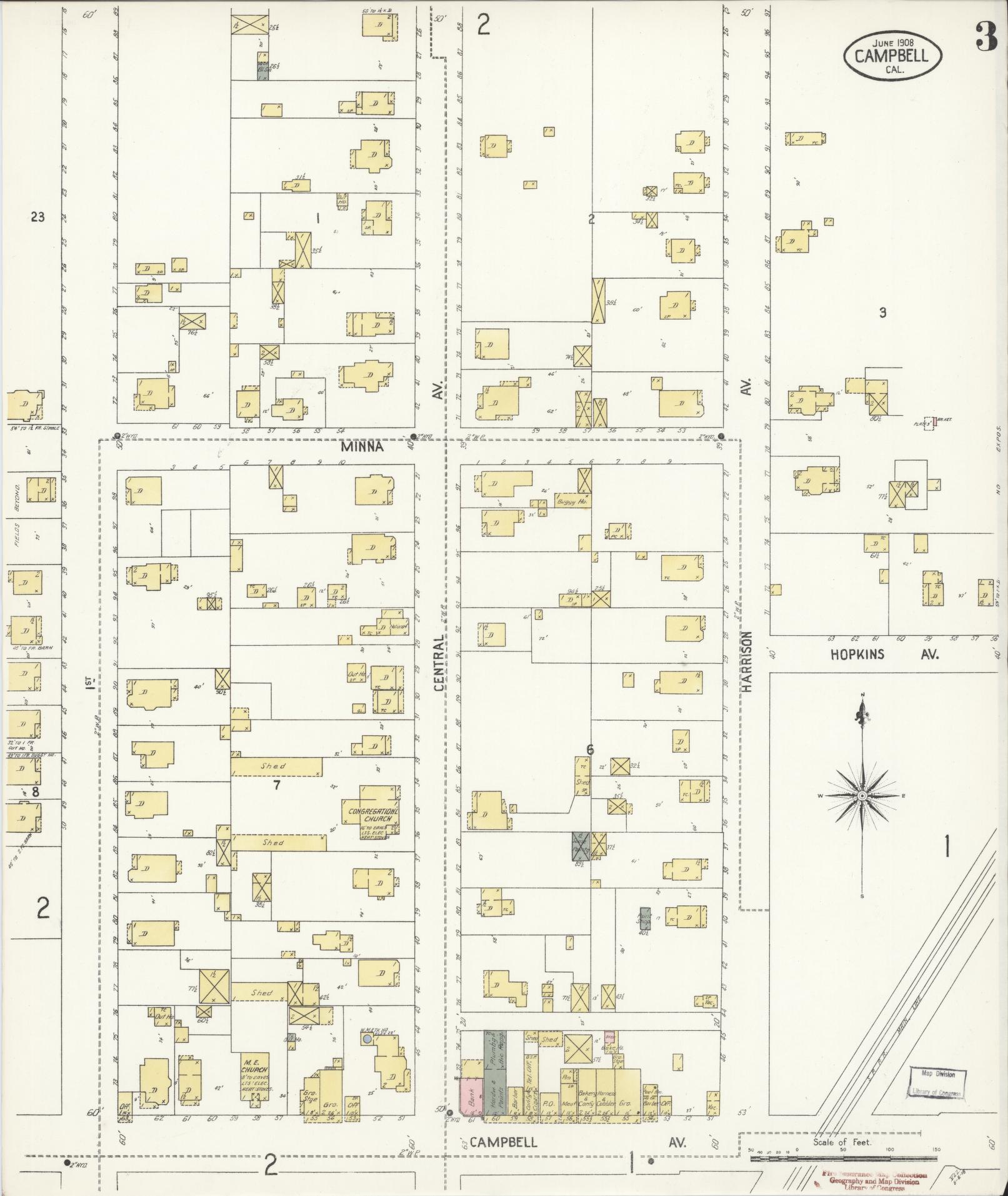 Sanborn Fire Insurance Map from Campbell, Santa Clara County, California (1908), Sheet #0003 - Complete Map Set gallery image, historic Sanborn map, vintage wall art, California California