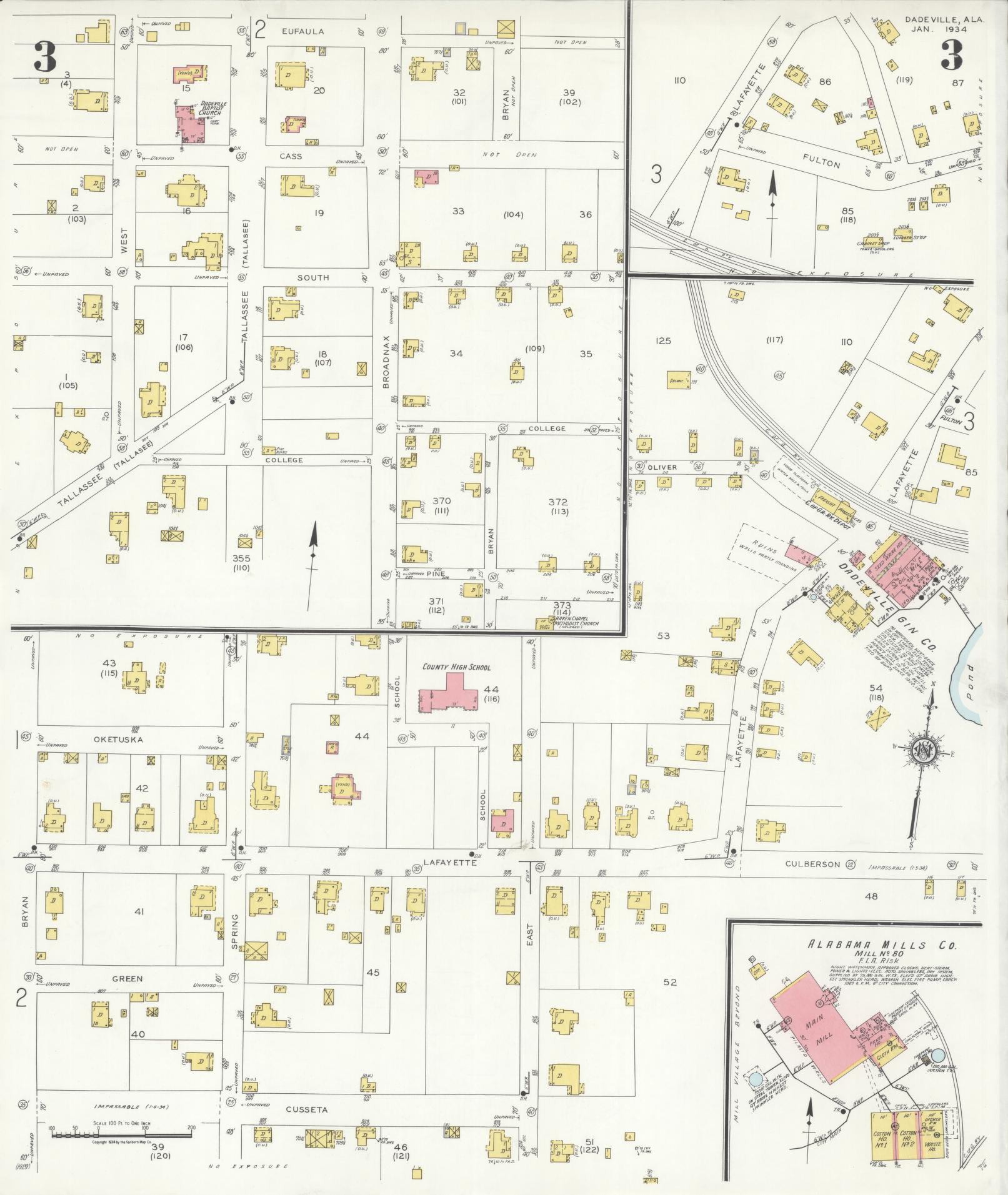 Sanborn Fire Insurance Map from Dadeville, Tallapoosa County, Alabama (1934), Sheet #0003 - Historic Sanborn Fire Insurance Map Print, vintage old map wall art, antique decor, genealogy gift, Alabama Alabama map
