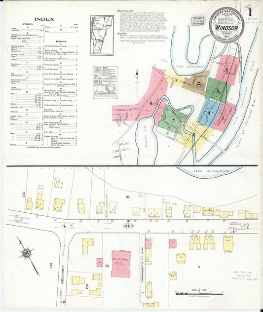 Sanborn Fire Insurance Map from Windsor, Windsor County, Vermont (1917), Sheet #0001 - Historic Sanborn Fire Insurance Map Print, vintage old map wall art, antique decor, genealogy gift, Vermont Vermont map