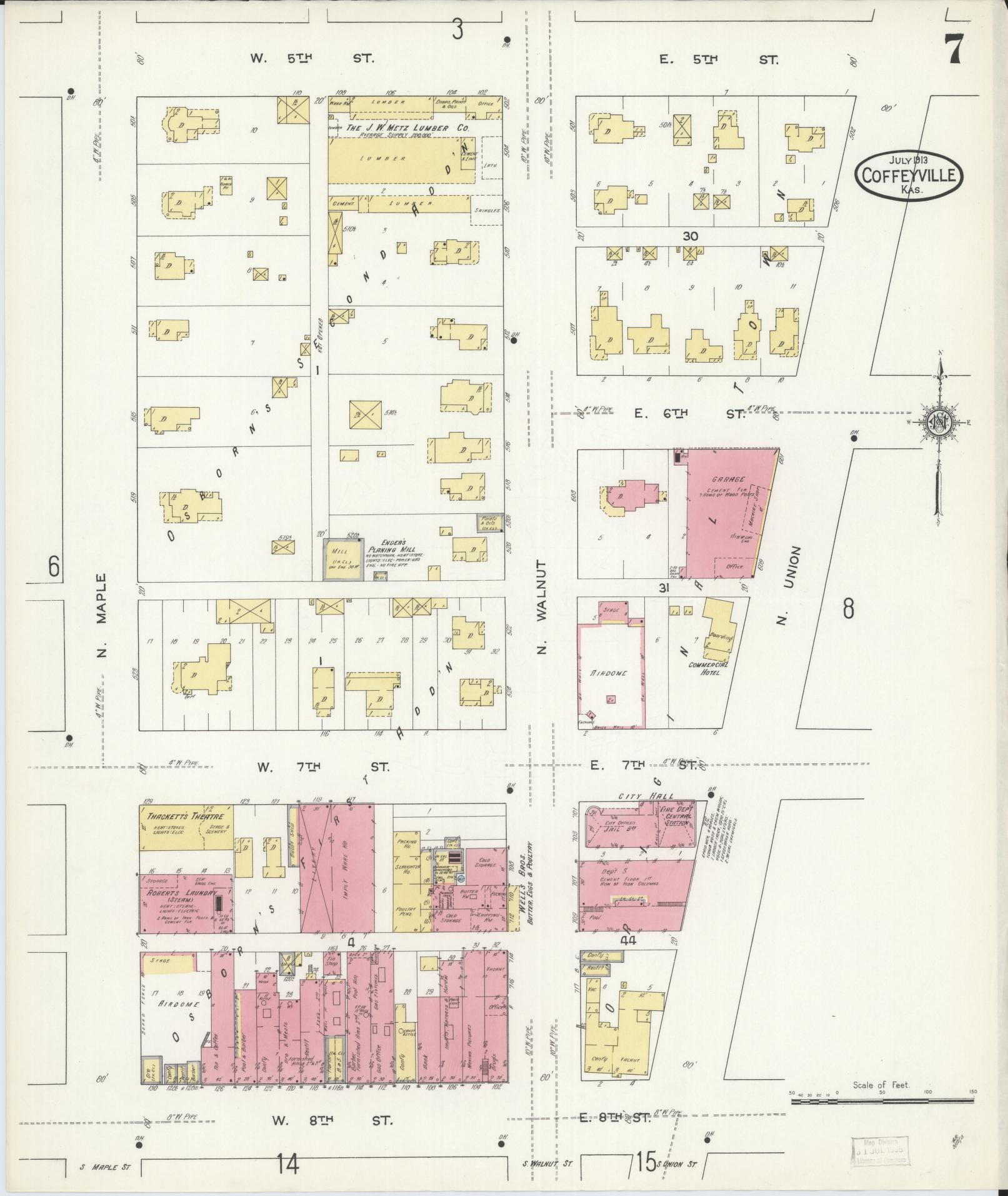 Sanborn Fire Insurance Map from Coffeyville, Montgomery County, Kansas (1913), Sheet #0007 - Historic Sanborn Fire Insurance Map Print, vintage old map wall art, antique decor, genealogy gift, Kansas Kansas map