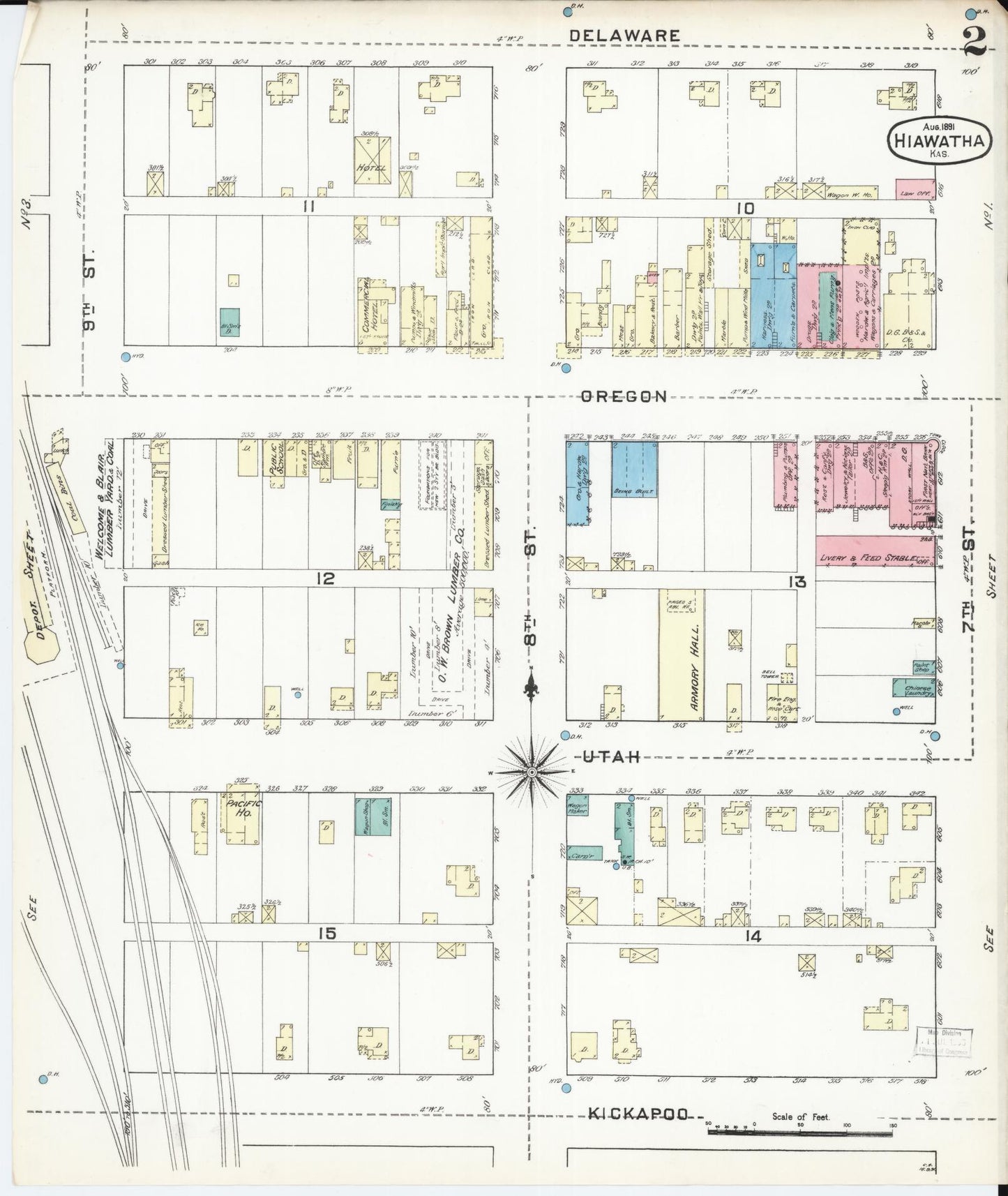Sanborn Fire Insurance Map from Hiawatha, Brown County, Kansas (1891), Sheet #0002 - Historic Sanborn Fire Insurance Map Print, vintage old map wall art, antique decor, genealogy gift, Kansas Kansas map