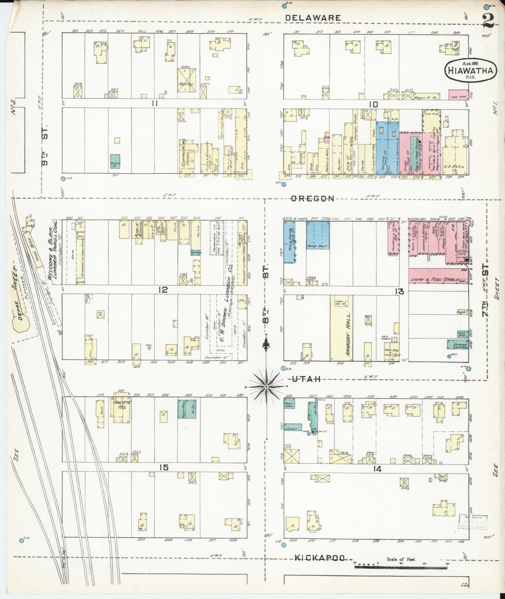 Sanborn Fire Insurance Map from Hiawatha, Brown County, Kansas (1891), Sheet #0002 - Historic Sanborn Fire Insurance Map Print, vintage old map wall art, antique decor, genealogy gift, Kansas Kansas map