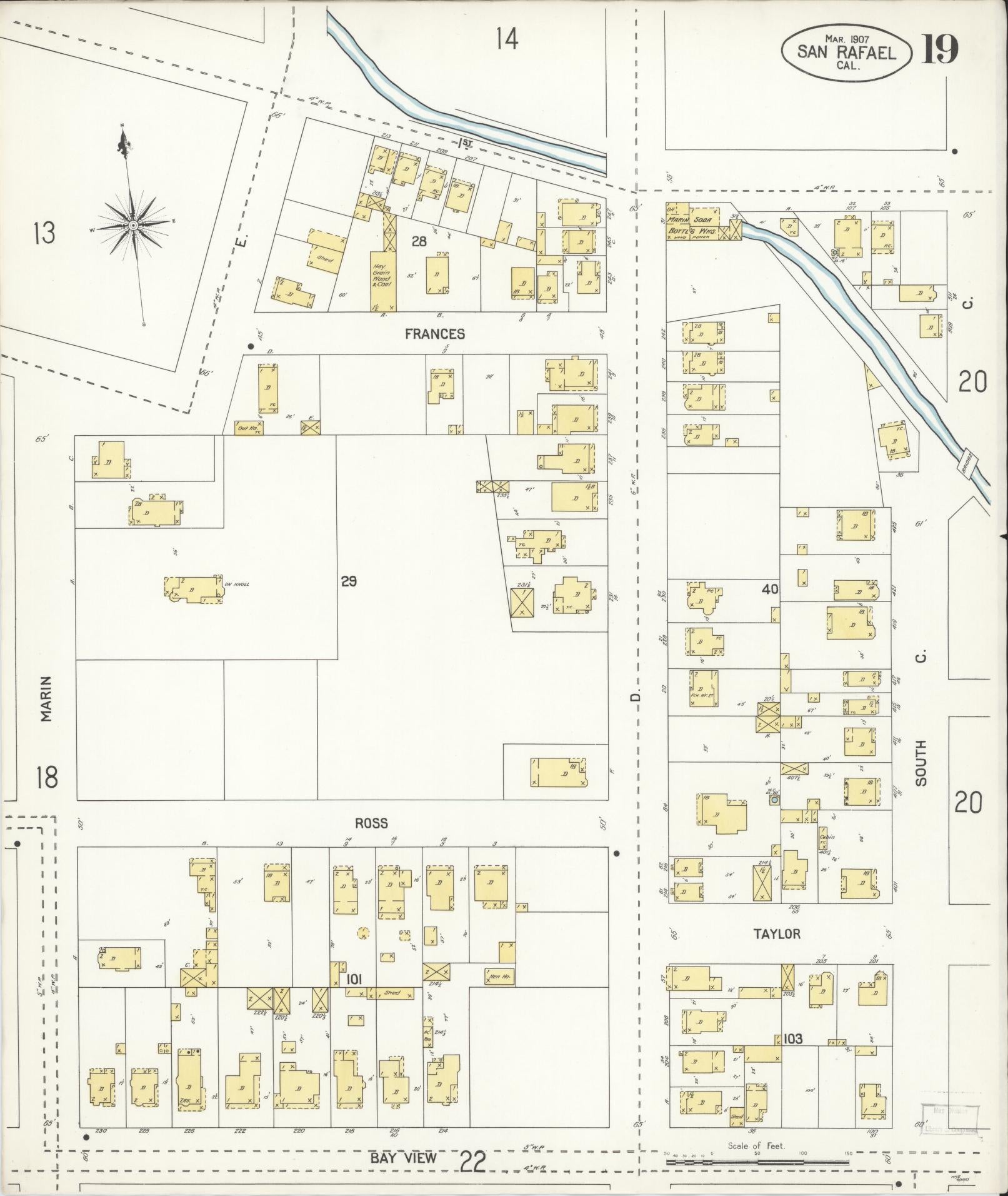 Sanborn Fire Insurance Map from San Rafael, Marin County, California (1907), Sheet #0019 - Complete Map Set gallery image, historic Sanborn map, vintage wall art, California California