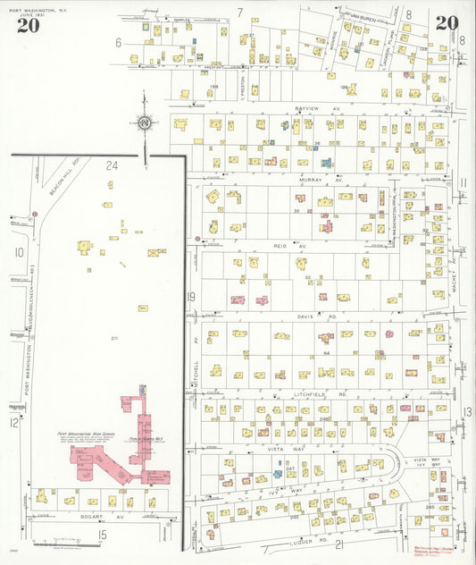 Sanborn Fire Insurance Map from Port Washington, Nassau County, New York (1931), Sheet #0020 - Historic Sanborn Fire Insurance Map Print, vintage old map wall art, antique decor, genealogy gift, New York New York map