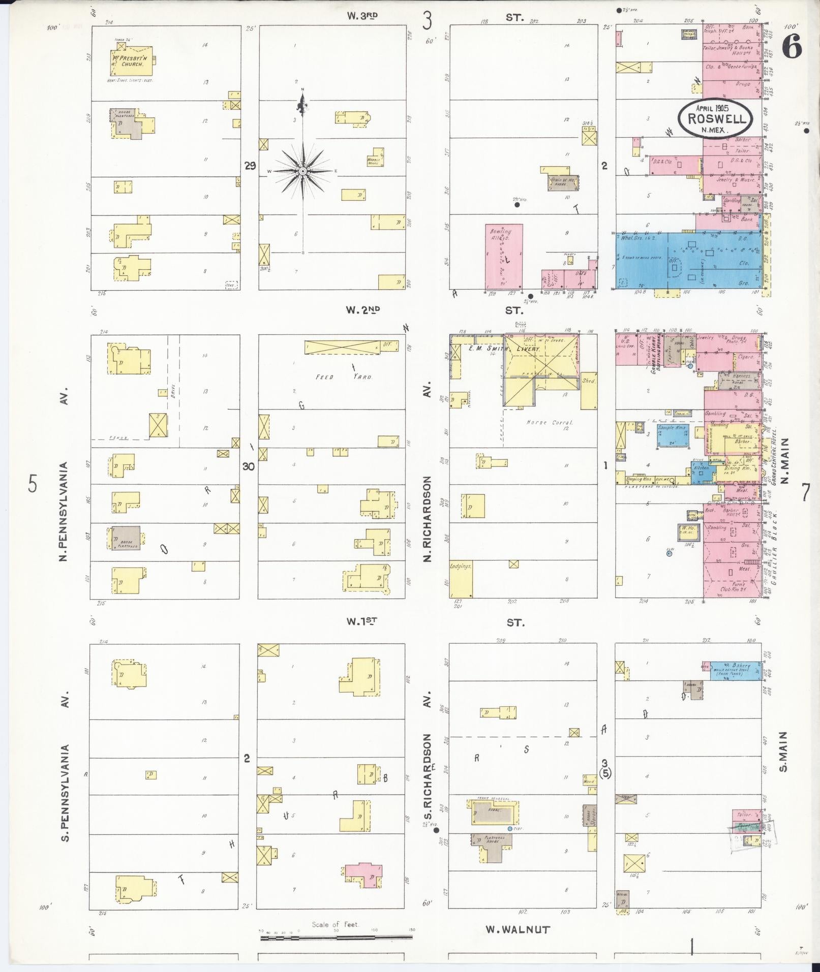Sanborn Fire Insurance Map from Roswell, Chaves County, New Mexico (1905), Sheet #0006 - Historic Sanborn Fire Insurance Map Print, vintage old map wall art, antique decor, genealogy gift, New Mexico New Mexico map