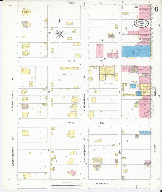 Sanborn Fire Insurance Map from Roswell, Chaves County, New Mexico (1905), Sheet #0006 - Historic Sanborn Fire Insurance Map Print, vintage old map wall art, antique decor, genealogy gift, New Mexico New Mexico map