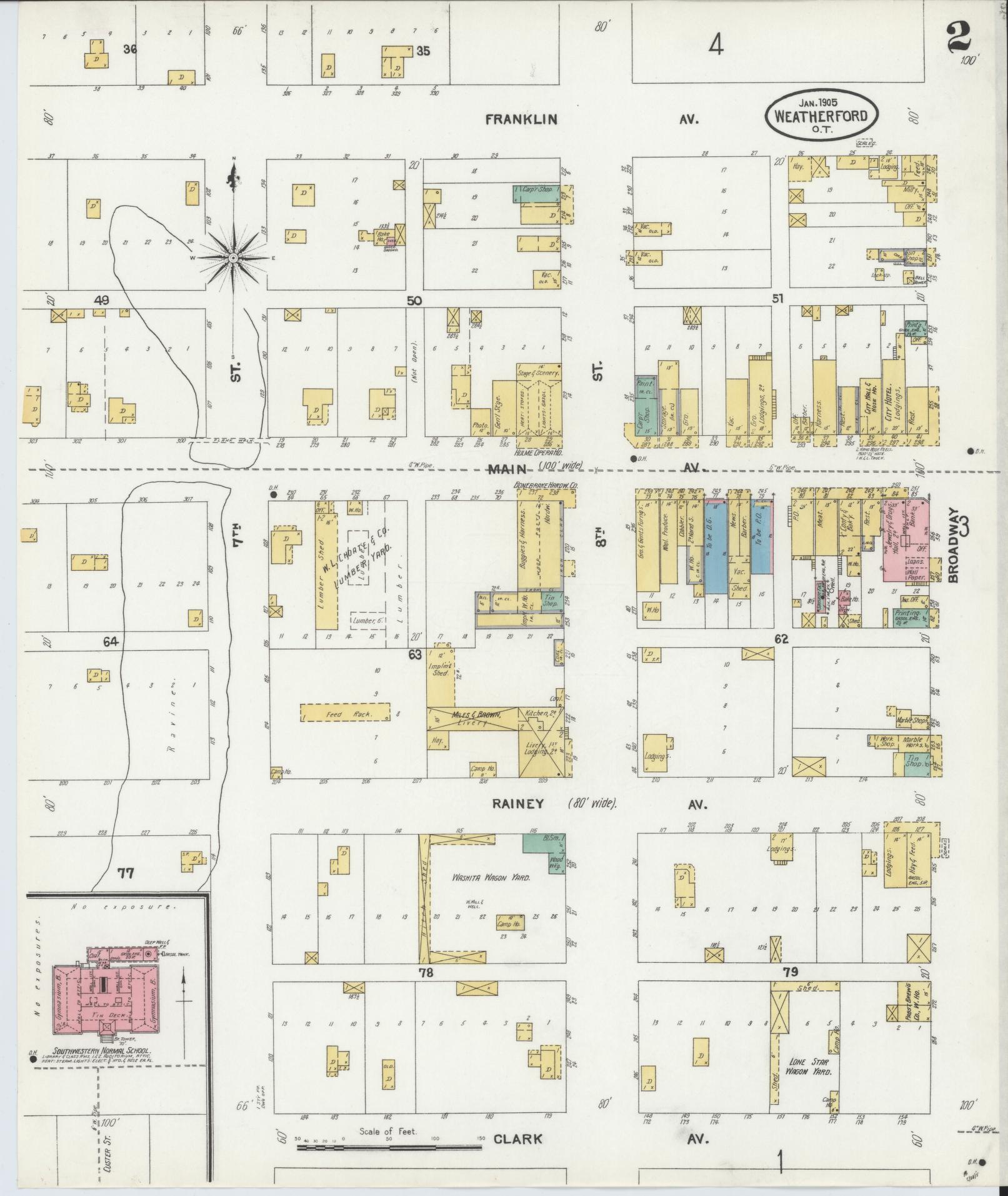 Sanborn Fire Insurance Map from Weatherford, Custer County, Oklahoma (1905), Sheet #0002 - Historic Sanborn Fire Insurance Map Print, vintage old map wall art, antique decor, genealogy gift, Oklahoma Oklahoma map