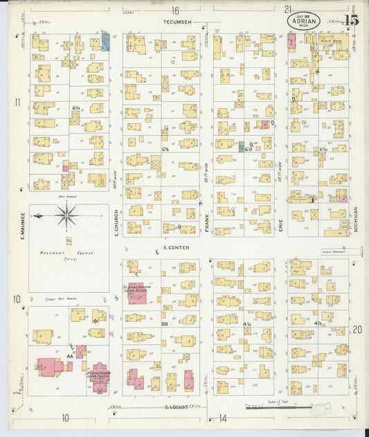 Sanborn Fire Insurance Map from Adrian, Lenawee County, Michigan (1908), Sheet #0015 - Historic Sanborn Fire Insurance Map Print, vintage old map wall art, antique decor, genealogy gift, Michigan Michigan map