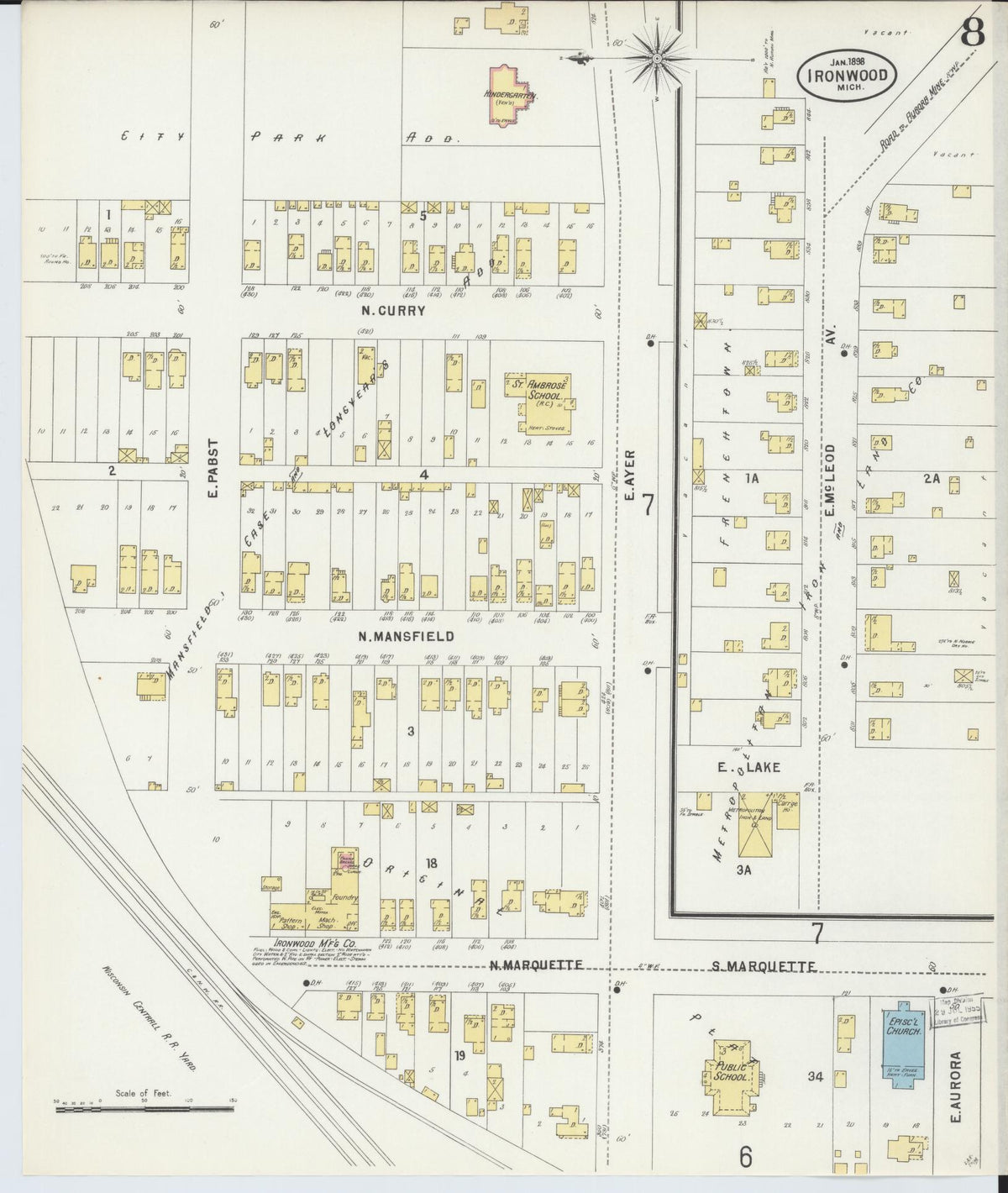 Sanborn Fire Insurance Map from Ironwood, Gogebic County, Michigan (1898), Sheet #0008 - Historic Sanborn Fire Insurance Map Print, vintage old map wall art, antique decor, genealogy gift, Michigan Michigan map