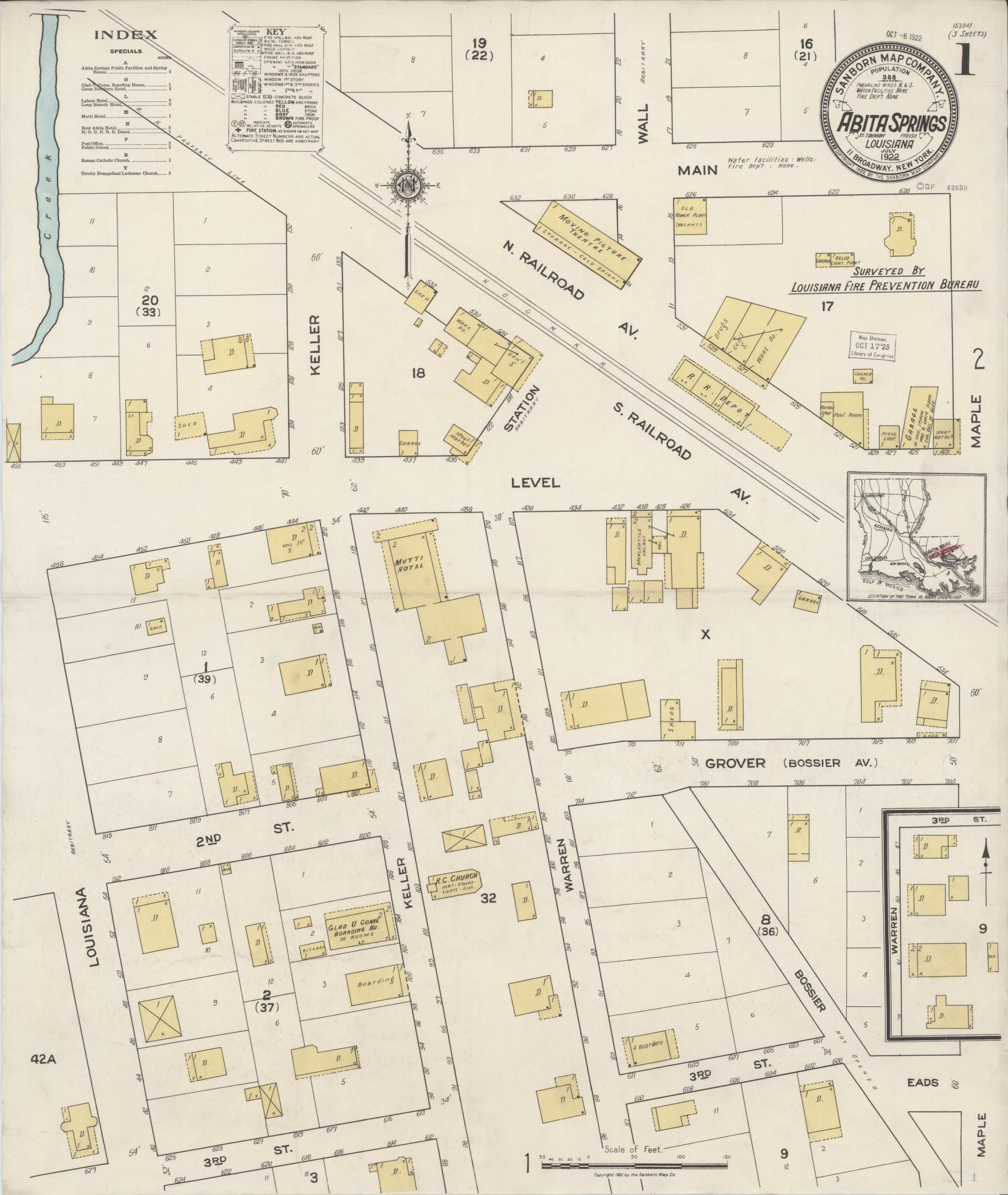 Sanborn Fire Insurance Map from Abita Springs, Saint Tammany Parish, Louisiana (1922), Sheet #0001 - Complete Map Set gallery image, historic Sanborn map, vintage wall art, Louisiana Louisiana