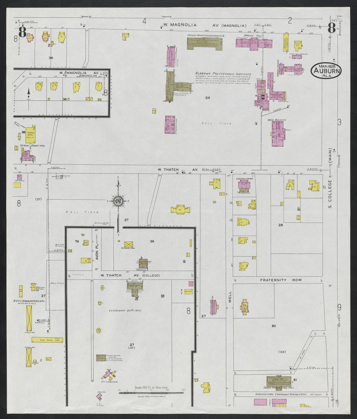 Sanborn Fire Insurance Map from Auburn, Lee County, Alabama (1928), Sheet #0008 - Complete Map Set gallery image, historic Sanborn map, vintage wall art, Alabama Alabama