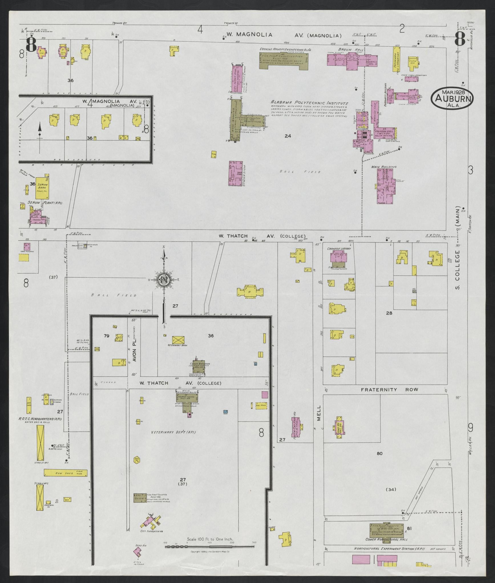 Sanborn Fire Insurance Map from Auburn, Lee County, Alabama (1928), Sheet #0008 - Complete Map Set gallery image, historic Sanborn map, vintage wall art, Alabama Alabama