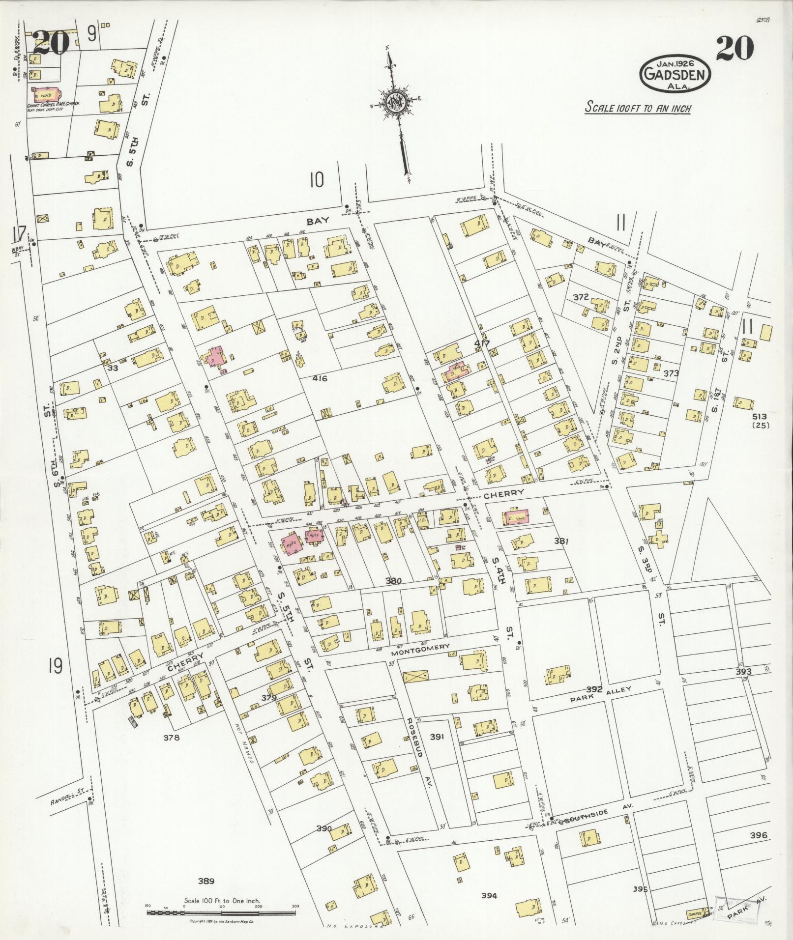 Sanborn Fire Insurance Map from Gadsden, Etowah County, Alabama (1926), Sheet #0020 - Complete Map Set gallery image, historic Sanborn map, vintage wall art, Alabama Alabama