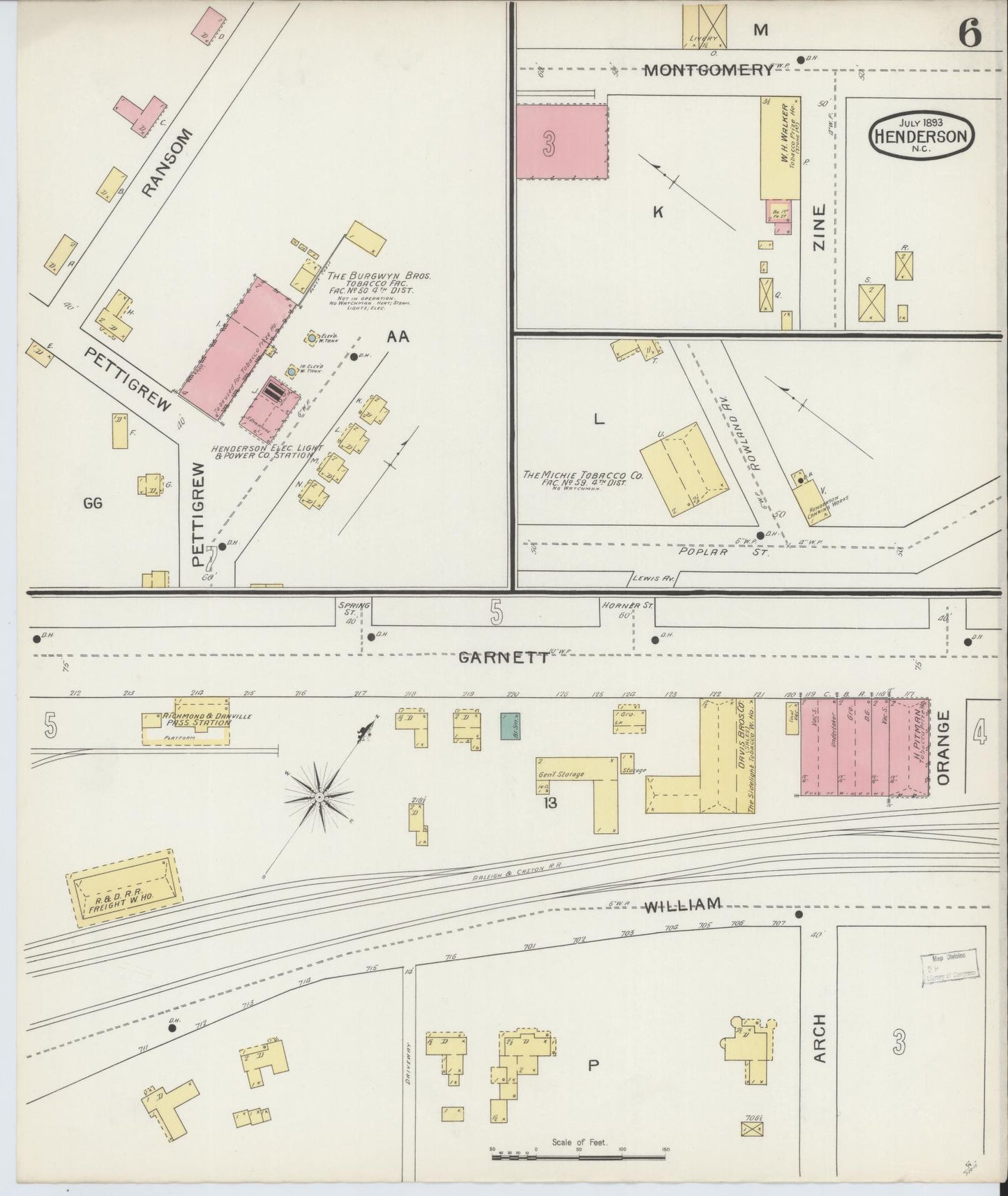 Sanborn Fire Insurance Map from Henderson, Vance County, North Carolina (1893), Sheet #0006 - Complete Map Set gallery image, historic Sanborn map, vintage wall art, North Carolina North Carolina