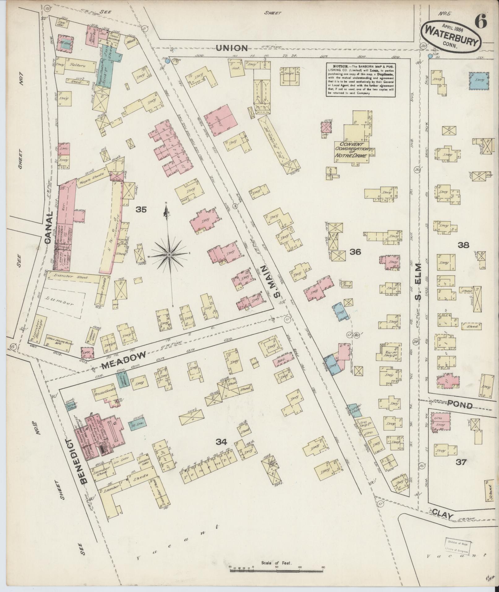 Sanborn Fire Insurance Map from Waterbury, New Haven County, Connecticut (1884), Sheet #0006 - Complete Map Set gallery image, historic Sanborn map, vintage wall art, Connecticut Connecticut