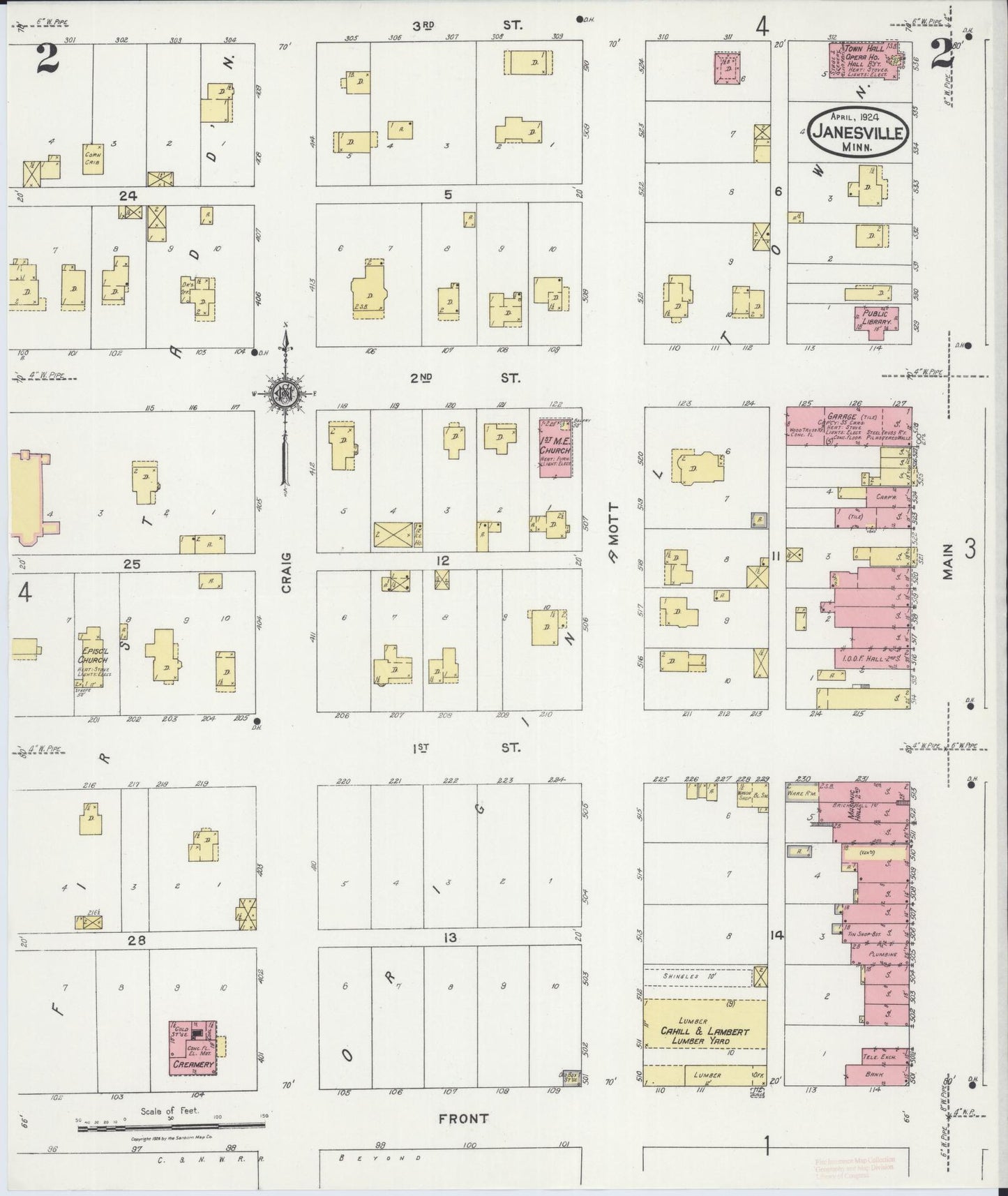 Sanborn Fire Insurance Map from Janesville, Waseca County, Minnesota (1924), Sheet #0002 - Historic Sanborn Fire Insurance Map Print, vintage old map wall art, antique decor, genealogy gift, Minnesota Minnesota map