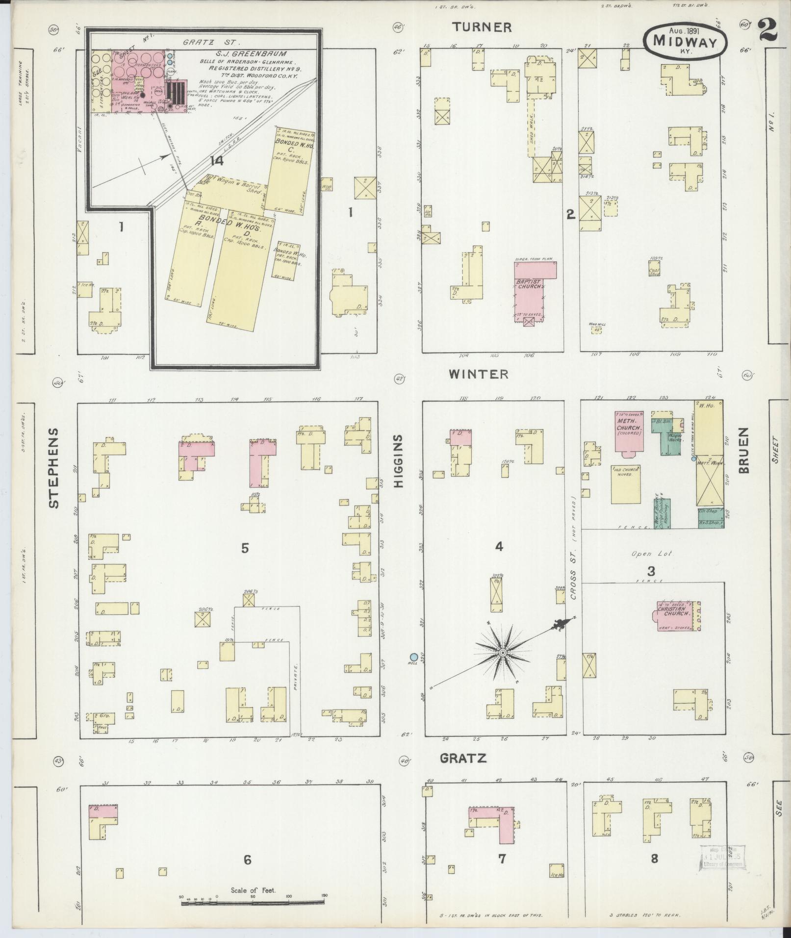 Sanborn Fire Insurance Map from Midway, Woodford County, Kentucky (1891), Sheet #0002 - Complete Map Set gallery image, historic Sanborn map, vintage wall art, Kentucky Kentucky