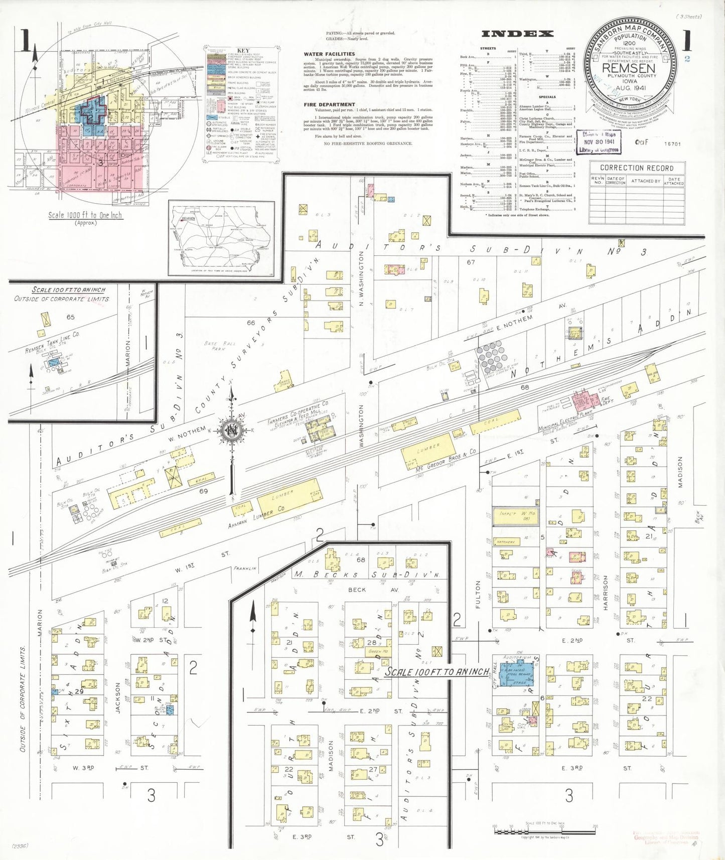 Sanborn Fire Insurance Map from Remsen, Plymouth County, Iowa (1941), Sheet #0001 - Historic Sanborn Fire Insurance Map Print