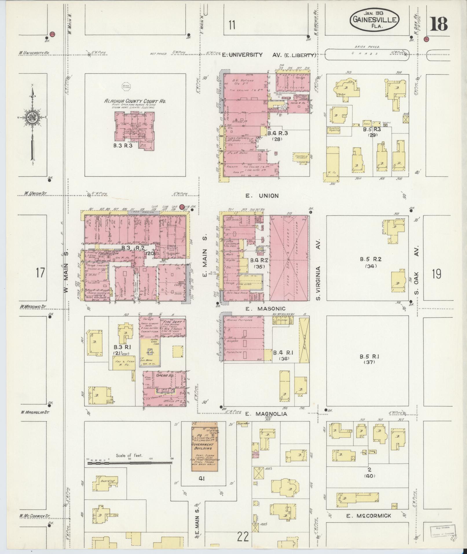 Sanborn Fire Insurance Map from Gainesville, Alachua County, Florida (1913), Sheet #0018 - Historic Sanborn Fire Insurance Map Print, vintage old map wall art, antique decor, genealogy gift, Florida Florida map