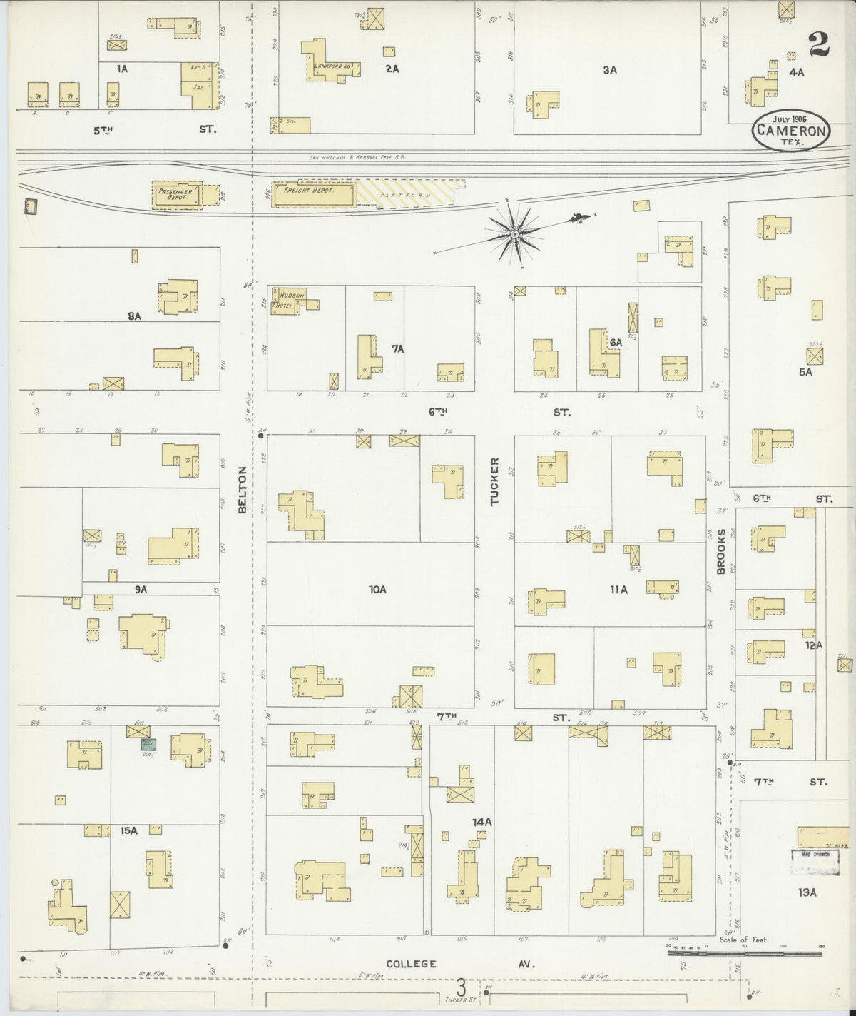 Sanborn Fire Insurance Map from Cameron, Milam County, Texas (1906), Sheet #0002 - Complete Map Set gallery image, historic Sanborn map, vintage wall art, Texas Texas