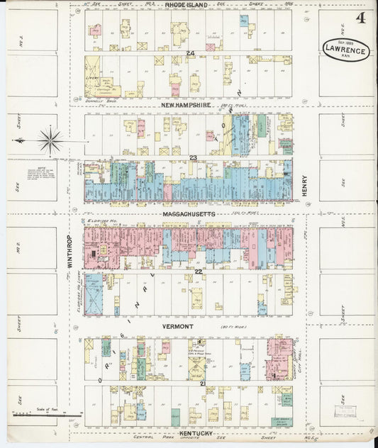 Sanborn Fire Insurance Map from Lawrence, Douglas County, Kansas (1889), Sheet #0004 - Historic Sanborn Fire Insurance Map Print, vintage old map wall art, antique decor, genealogy gift, Kansas Kansas map