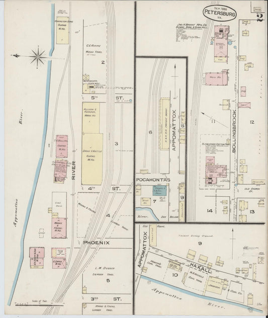 Sanborn Fire Insurance Map from Petersburg, Independent Cities, Virginia (1885), Sheet #0002 - Historic Sanborn Fire Insurance Map Print, vintage old map wall art, antique decor, genealogy gift, Virginia Virginia map