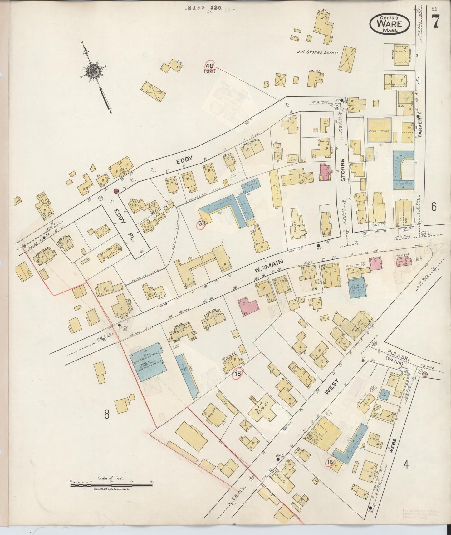 Sanborn Fire Insurance Map from Ware, Hampshire County, Massachusetts (1946), Sheet #0007 - Historic Sanborn Fire Insurance Map Print, vintage old map wall art, antique decor, genealogy gift, Massachusetts Massachusetts map