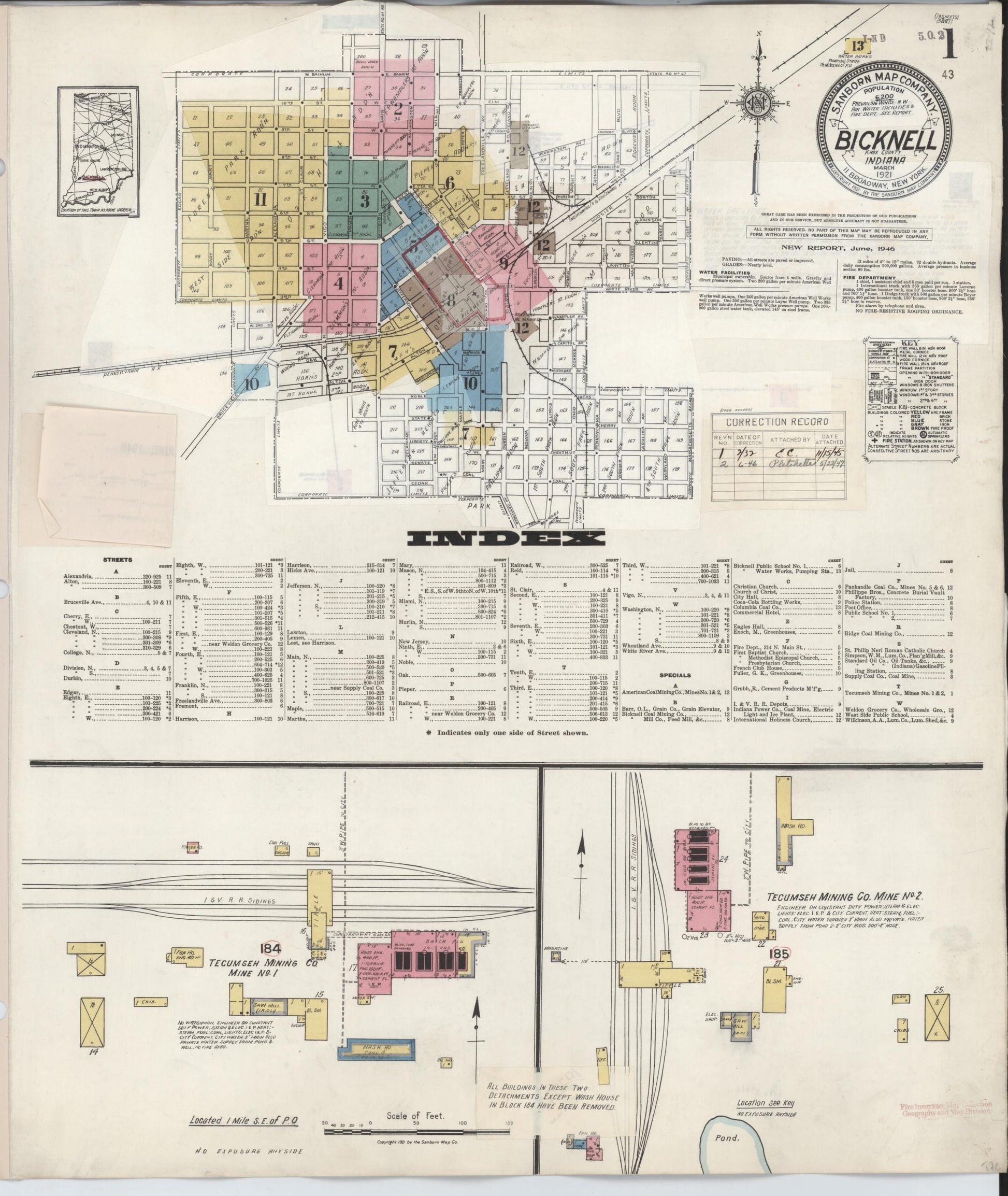 Sanborn Fire Insurance Map from Bicknell, Knox County, Indiana (1946), Sheet #0001 - Complete Map Set gallery image, historic Sanborn map, vintage wall art, Indiana Indiana