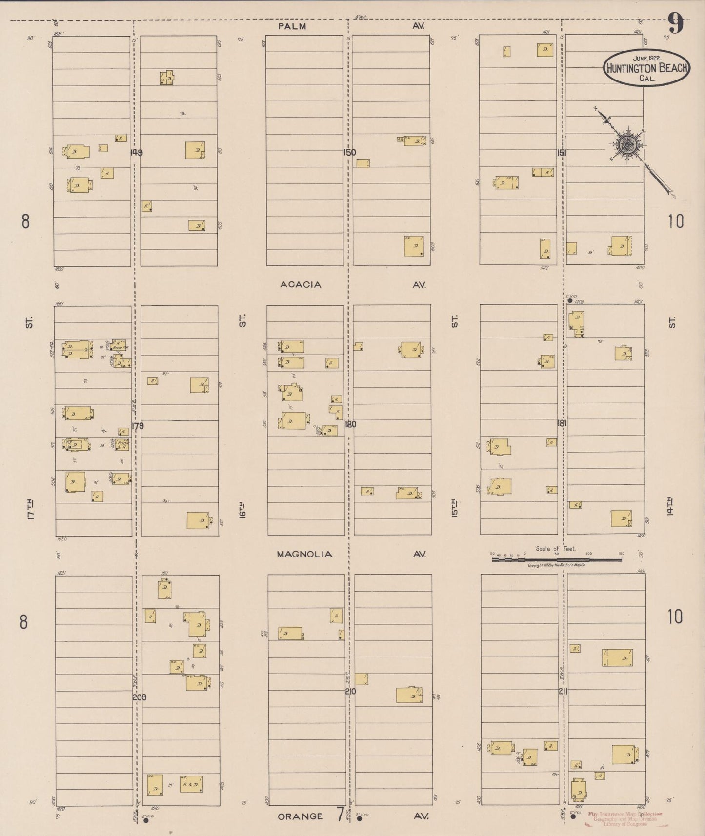 Sanborn Fire Insurance Map from Huntington Beach, Orange County, California (1922), Sheet #0009 - Historic Sanborn Fire Insurance Map Print, vintage old map wall art, antique decor, genealogy gift, California California map
