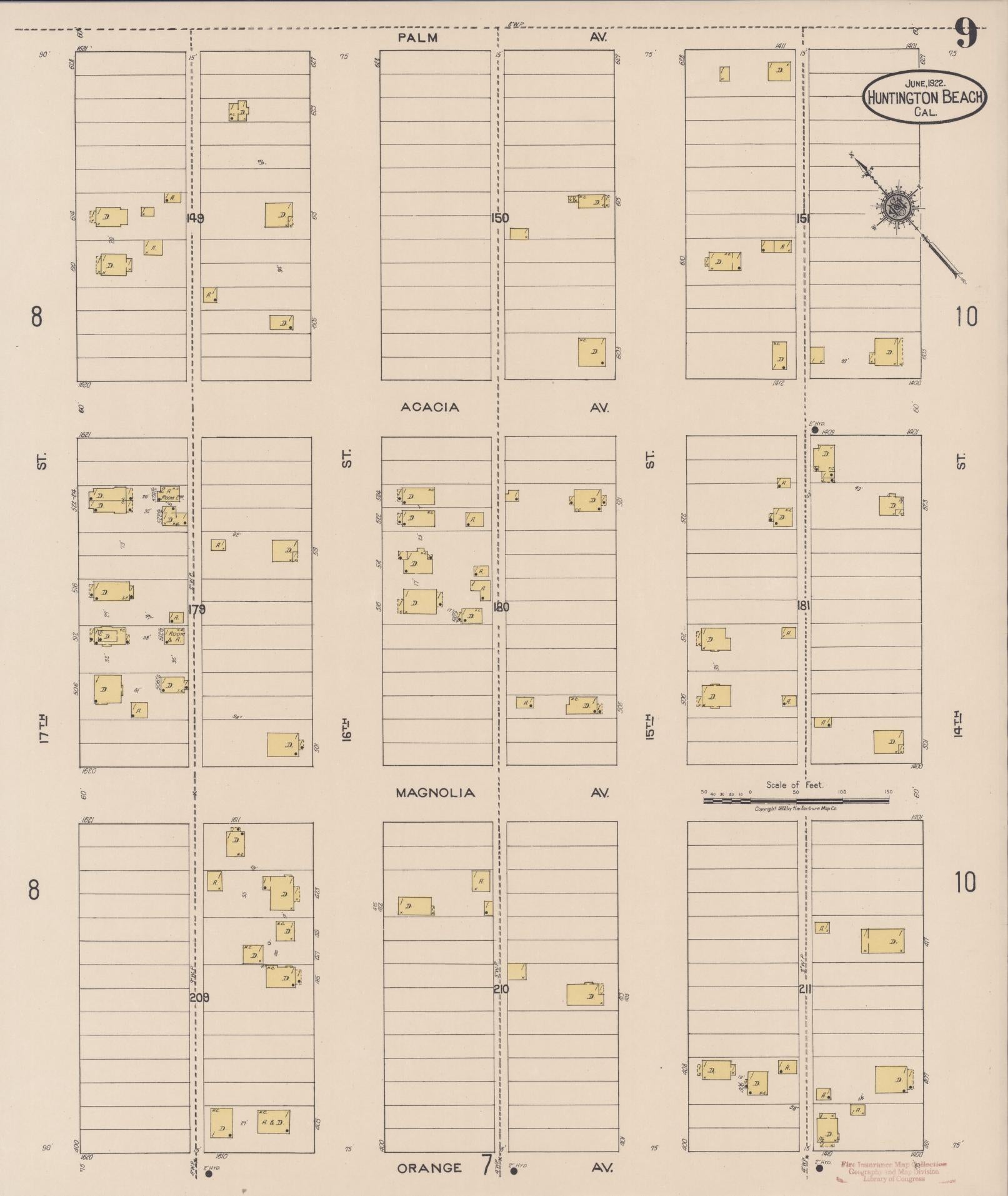 Sanborn Fire Insurance Map from Huntington Beach, Orange County, California (1922), Sheet #0009 - Historic Sanborn Fire Insurance Map Print, vintage old map wall art, antique decor, genealogy gift, California California map