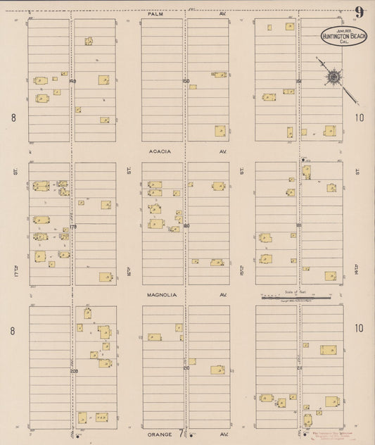 Sanborn Fire Insurance Map from Huntington Beach, Orange County, California (1922), Sheet #0009 - Historic Sanborn Fire Insurance Map Print, vintage old map wall art, antique decor, genealogy gift, California California map