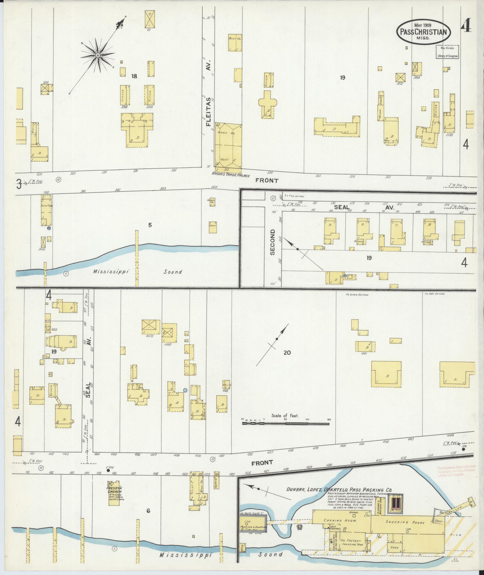 Sanborn Fire Insurance Map from Pass Christian, Harrison County, Mississippi (1909), Sheet #0004 - Historic Sanborn Fire Insurance Map Print, vintage old map wall art, antique decor, genealogy gift, Mississippi Mississippi map