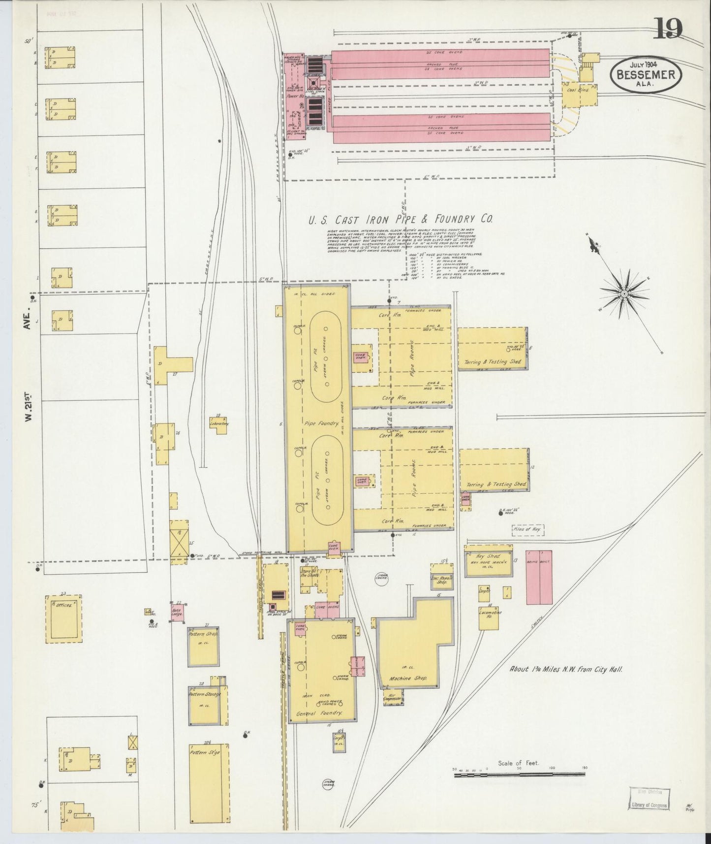 Sanborn Fire Insurance Map from Bessemer, Jefferson County, Alabama (1904), Sheet #0019 - Historic Sanborn Fire Insurance Map Print, vintage old map wall art, antique decor, genealogy gift, Alabama Alabama map