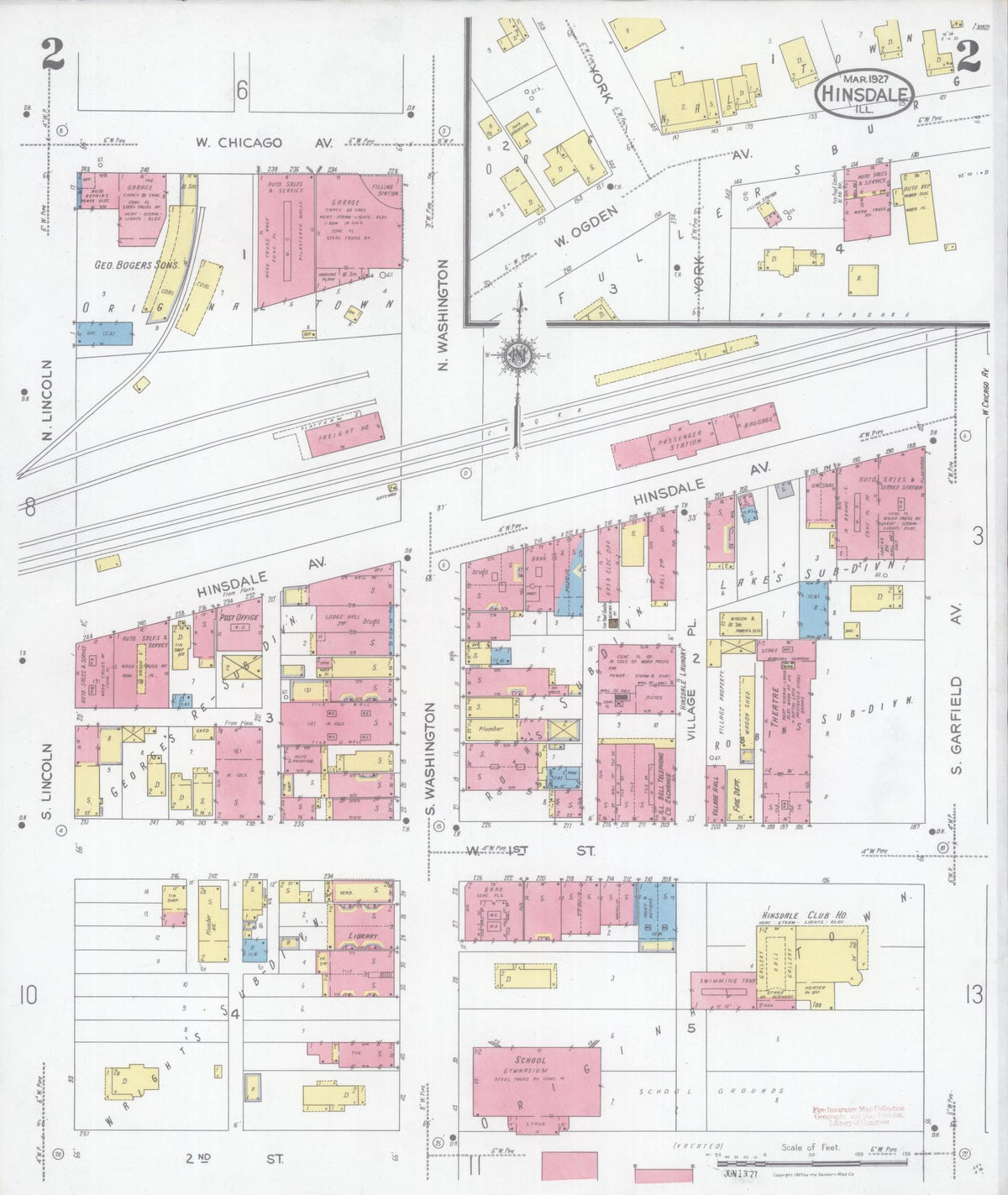 Sanborn Fire Insurance Map from Hinsdale, Du Page And Cook Counties, Illinois (1927), Sheet #0002 - Historic Sanborn Fire Insurance Map Print, vintage old map wall art, antique decor, genealogy gift, Illinois Illinois map