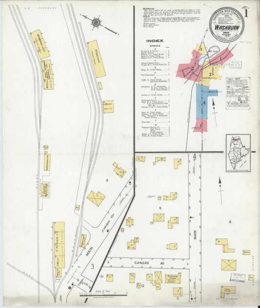 Sanborn Fire Insurance Map from Washburn, Aroostook County, Maine (1919), Sheet #0001 - Historic Sanborn Fire Insurance Map Print, vintage old map wall art, antique decor, genealogy gift, Maine Maine map