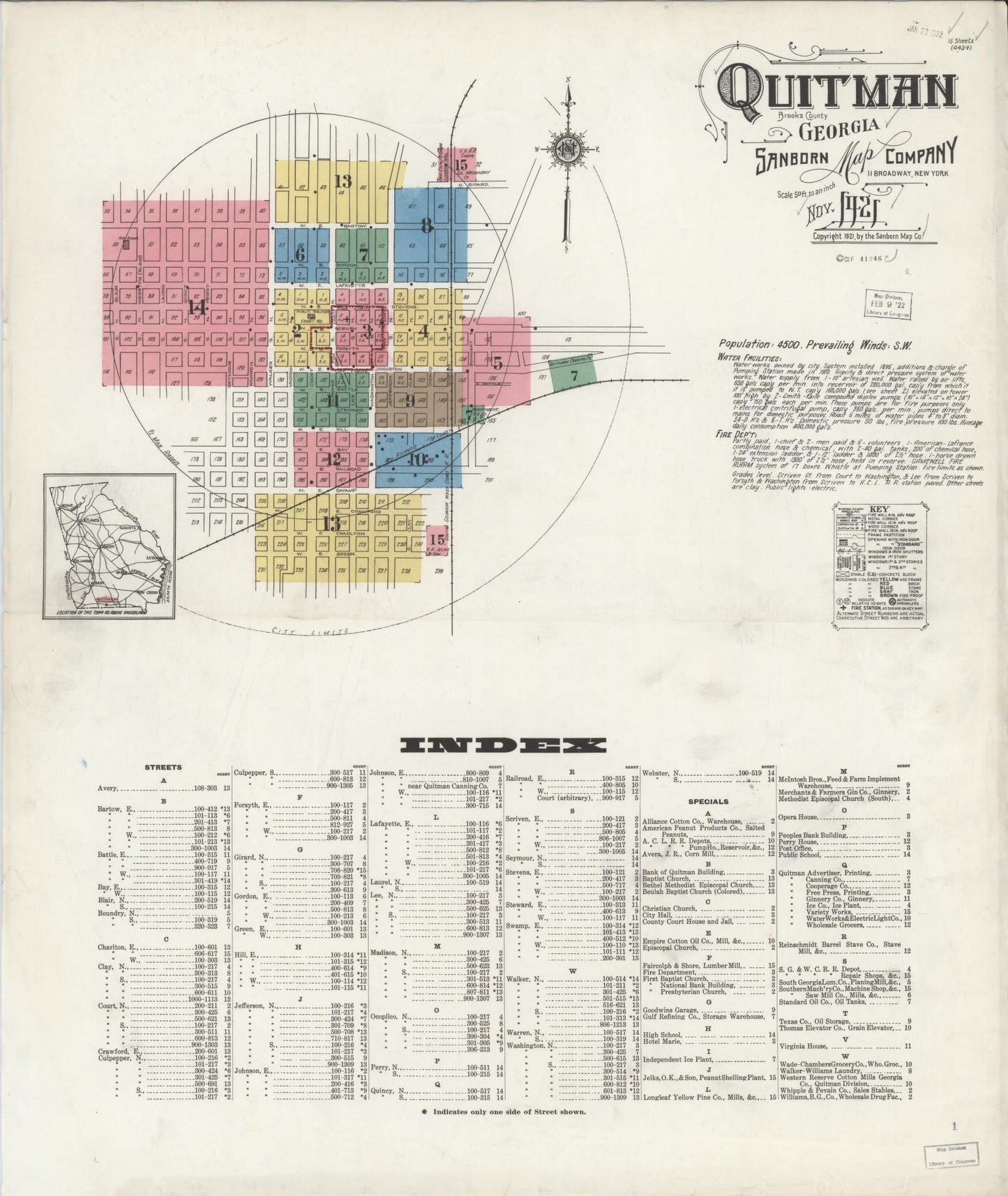 Sanborn Fire Insurance Map from Quitman, Brooks County, Georgia (1921), Sheet #0001 - Complete Map Set gallery image, historic Sanborn map, vintage wall art, Georgia Georgia