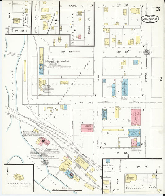 Sanborn Fire Insurance Map from Minneapolis, Ottawa  County, Kansas (1912), Sheet #0003 - Historic Sanborn Fire Insurance Map Print, vintage old map wall art, antique decor, genealogy gift, Kansas Kansas map