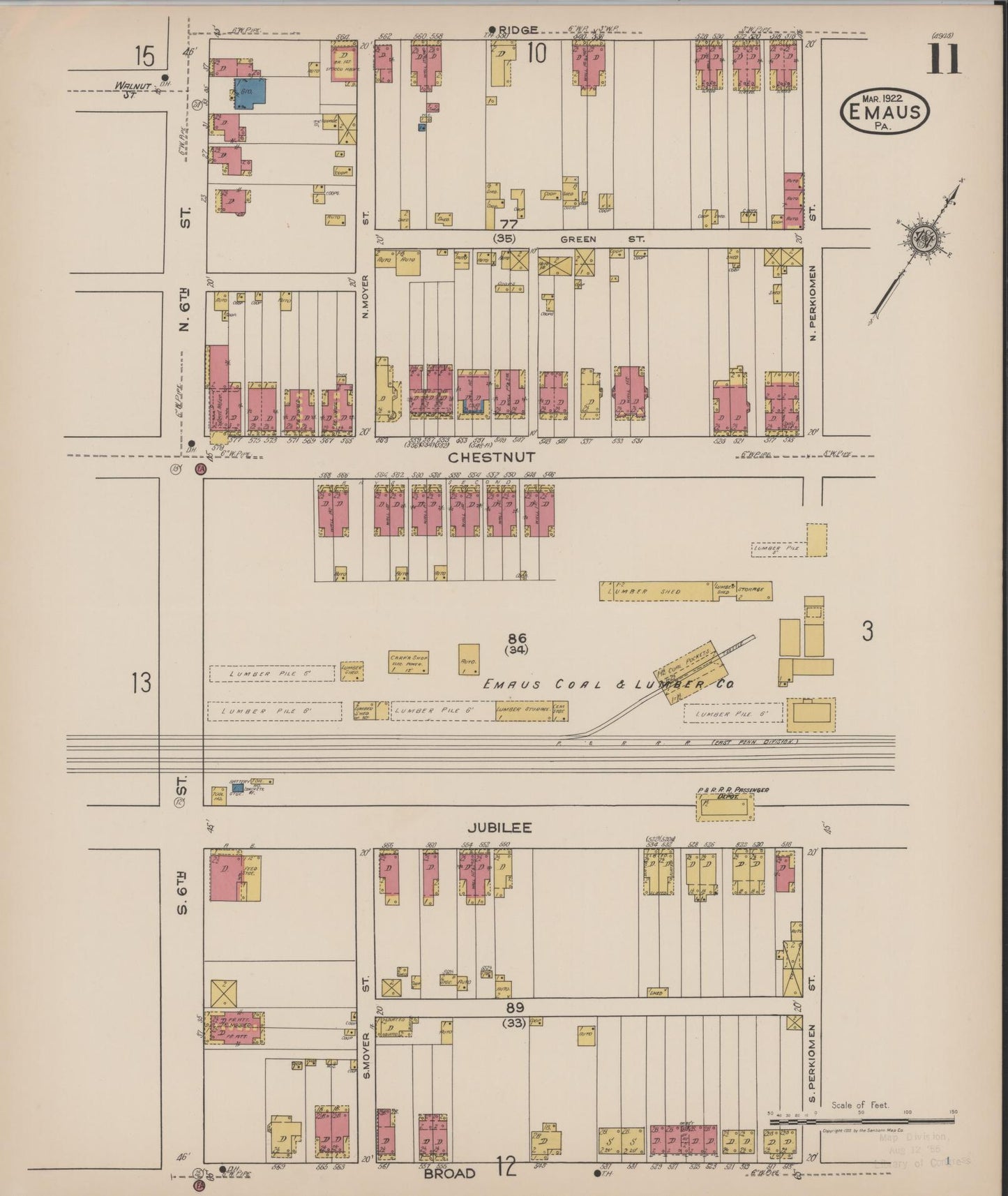 Sanborn Fire Insurance Map from Emaus, Lehigh County, Pennsylvania (1922), Sheet #0011 - Historic Sanborn Fire Insurance Map Print, vintage old map wall art, antique decor, genealogy gift, Pennsylvania Pennsylvania map