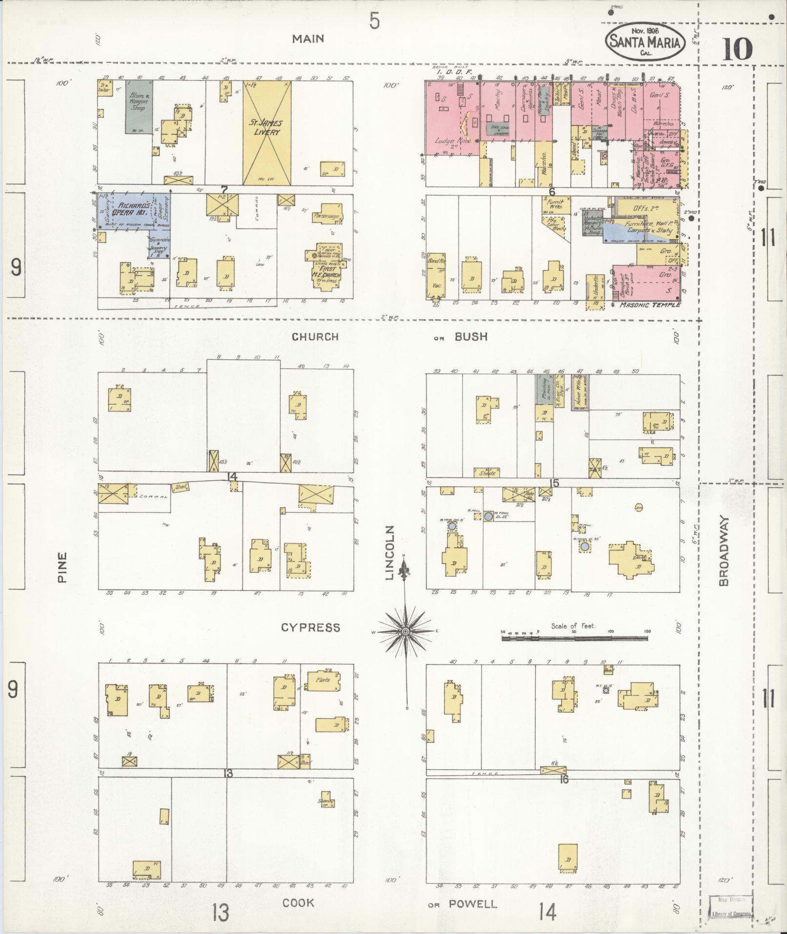 Sanborn Fire Insurance Map from Santa Maria, Santa Barbara County, California (1906), Sheet #0010 - Complete Map Set gallery image, historic Sanborn map, vintage wall art, California California
