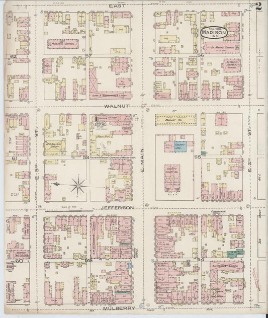 Sanborn Fire Insurance Map from Madison, Jefferson County, Indiana (1886), Sheet #0002 - Historic Sanborn Fire Insurance Map Print, vintage old map wall art, antique decor, genealogy gift, Indiana Indiana map