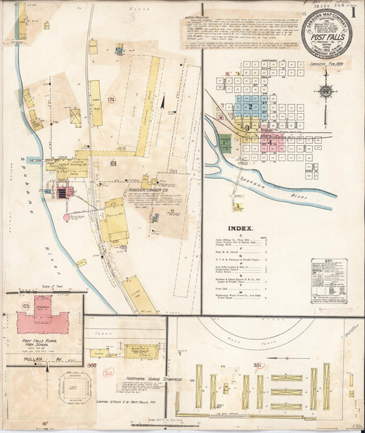 Sanborn Fire Insurance Map from Post Falls, Kootenai County, Idaho (1928), Sheet #0001 - Historic Sanborn Fire Insurance Map Print, vintage old map wall art, antique decor, genealogy gift, Idaho Idaho map
